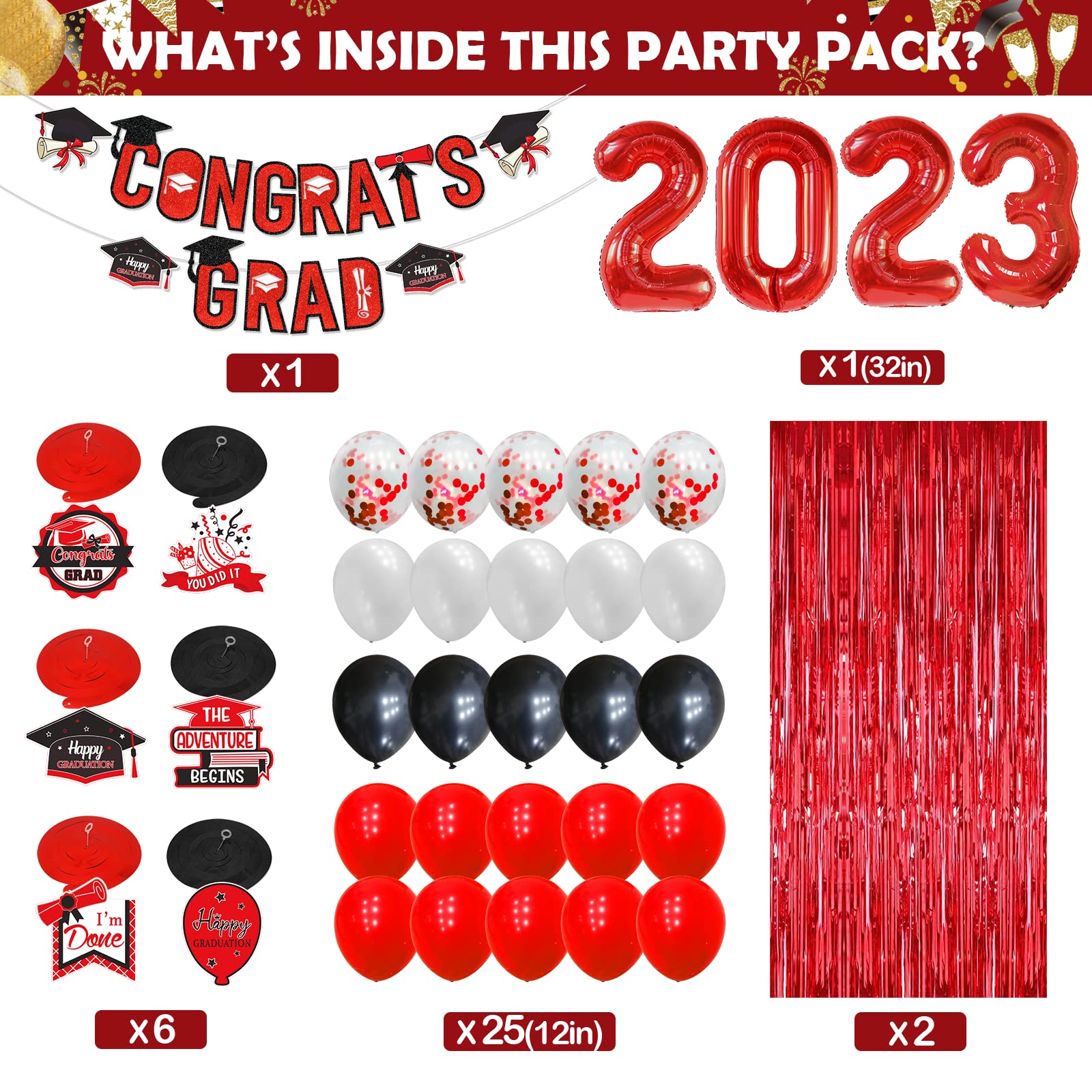 2023 Graduation Decorations Set - Red & Black Congrats Grad Banner, College Party Supplies for Class of 2023 | Perfect for Graduation Ceremony Decor, Graduation Party Backdrop & Photo Booth Props
