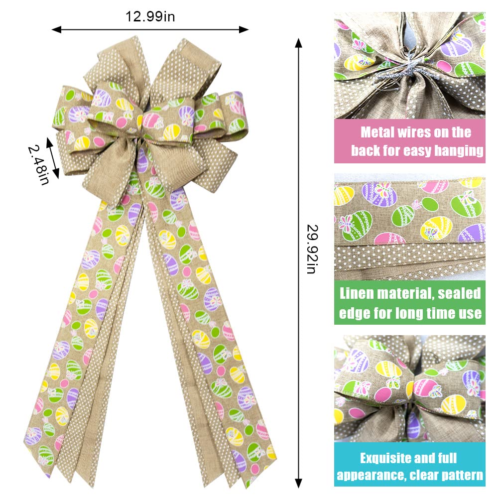 Easter Wreath Bows for Front Door - Large Flaxen Burlap Bows with Easter Eggs for Spring Holiday Decor - Perfect for Wreaths, Walls, Windows, and Tree Toppers - Home & Easter Party Decorations