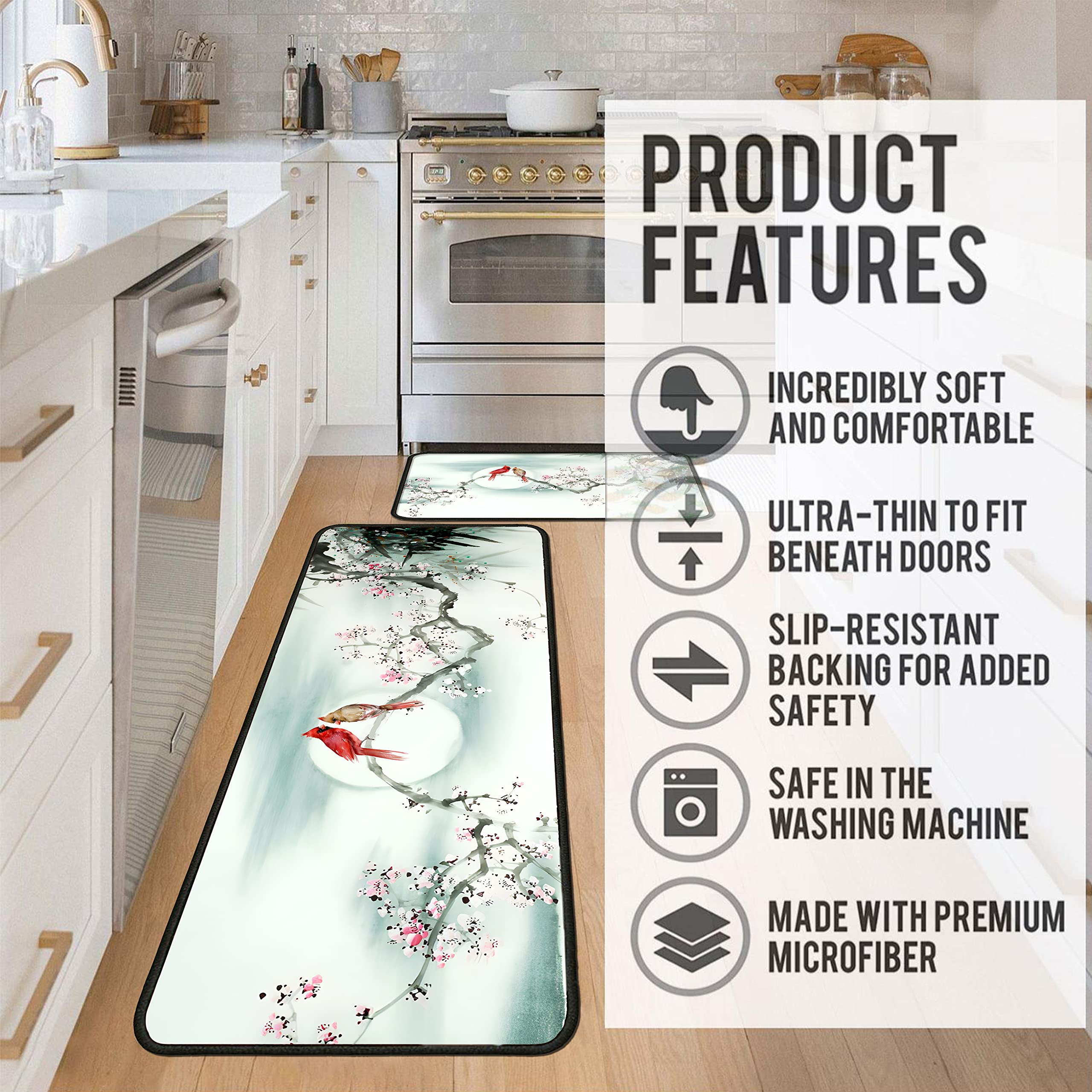 Premium Cardinal Bird Design Anti-Fatigue Kitchen Rugs Set of 2 - 17
