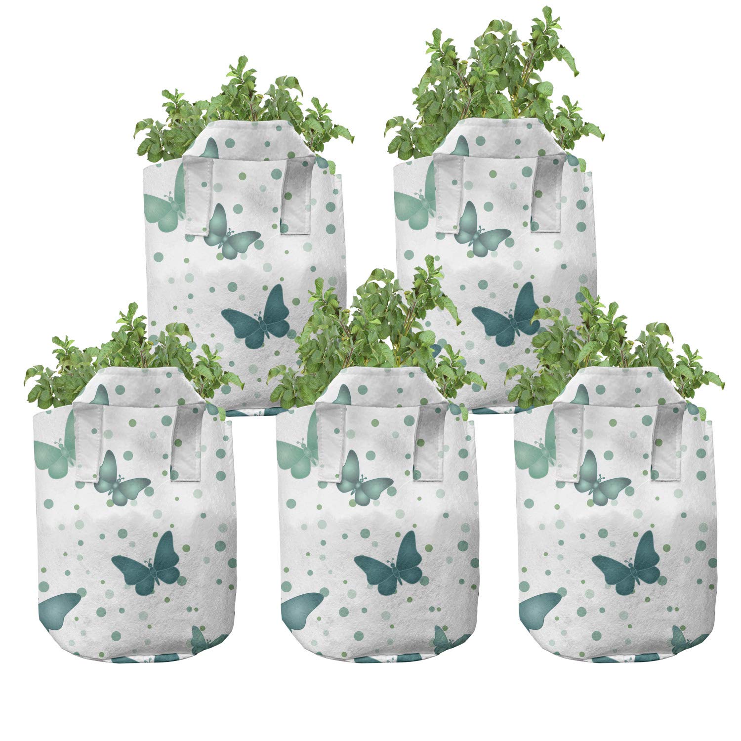 Lunarable 5-Pack Heavy Duty Butterfly Print Fabric Grow Bags with Handles - White & Teal Plant Pots for Indoor/Outdoor Gardening, Vegetables, Flowers & Herbs