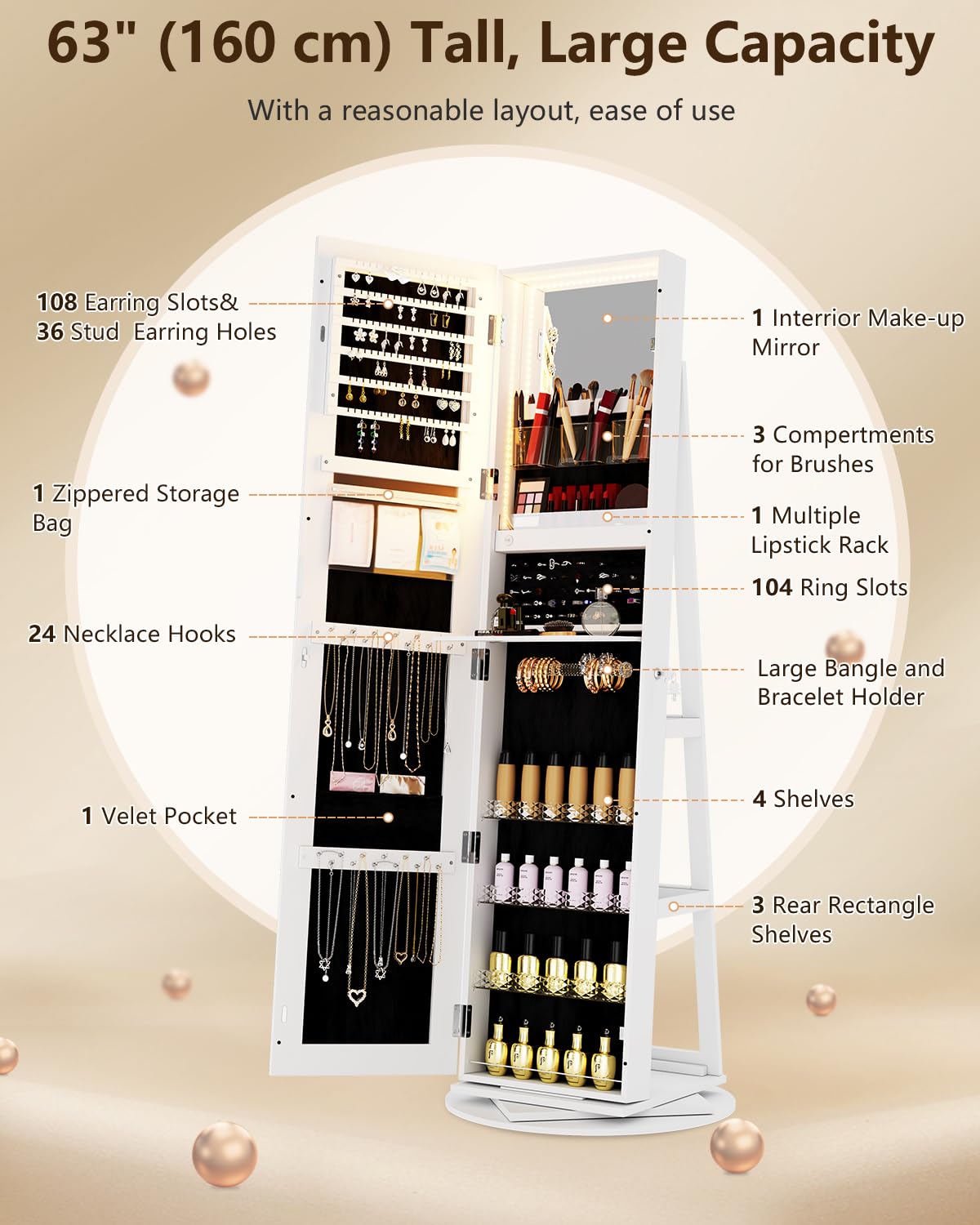 360° Rotating Jewelry Armoire with LED Lights & Full Length Mirror - 63