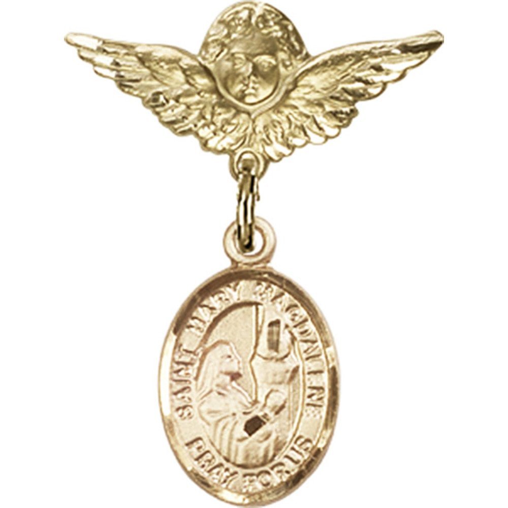 Gold Filled Baby Badge with St. Mary Magdalene Charm & Angel Wing Pin - 1 x 3/4 Inch Religious Jewelry for Baptism, Christening & First Communion Gifts