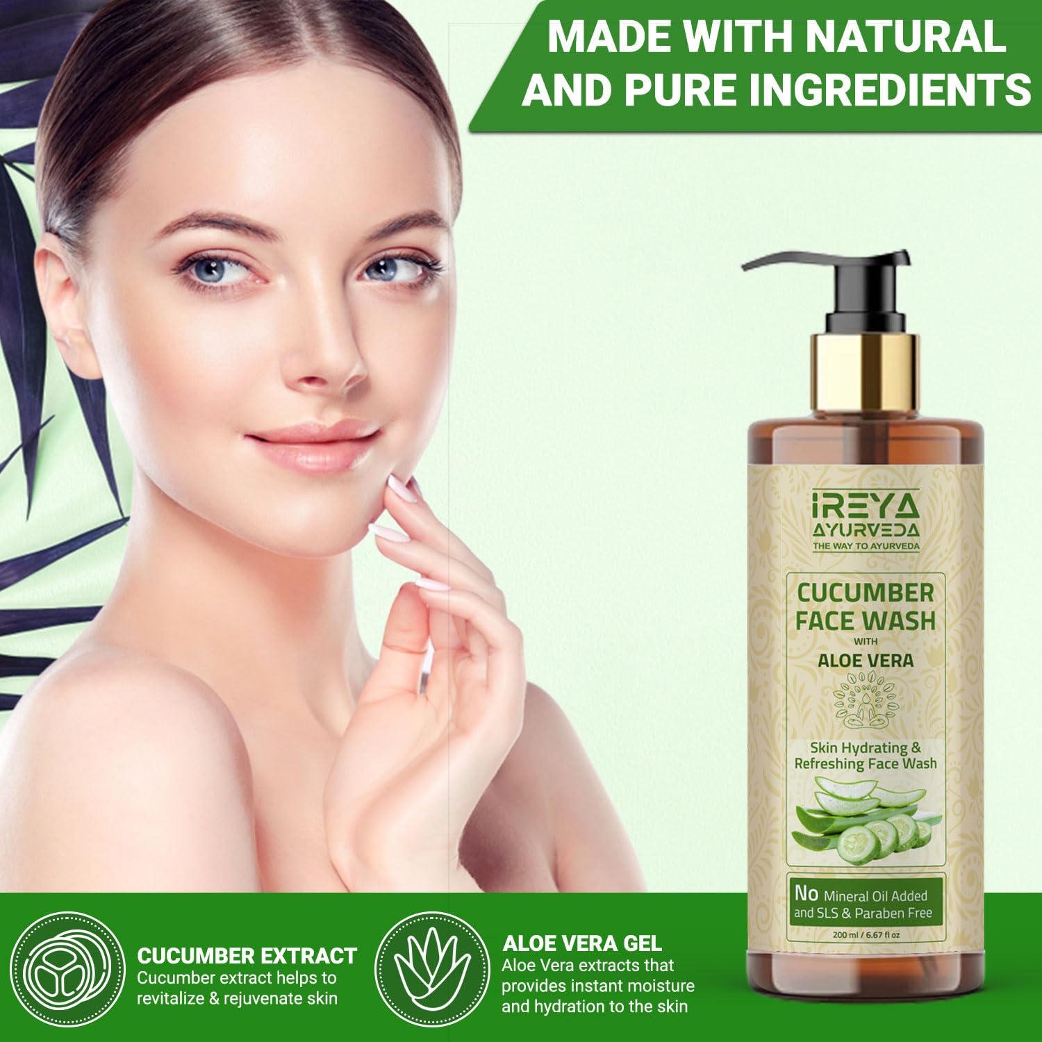 Cucumber Aloe Vera Face Wash 200ml - Natural & Vegan Facial Cleanser for Men & Women - With Cucumber Extract & Aloe Vera Gel - Pure, Cruelty-Free Skincare by Ireya Ayurveda - Perfect for Daily Cleansing & Hydration