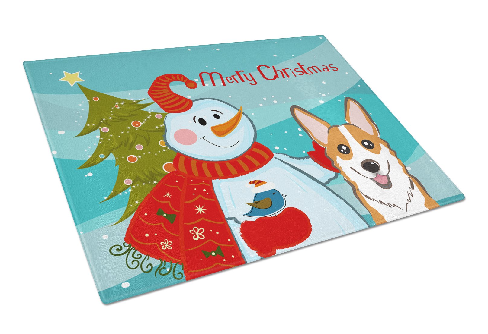 Snowman with Red Corgi Tempered Glass Cutting Board - Large Decorative Kitchen Chopping & Serving Board (15x11 Inch) - Perfect for Holiday Entertaining, Charcuterie Display & Food Prep