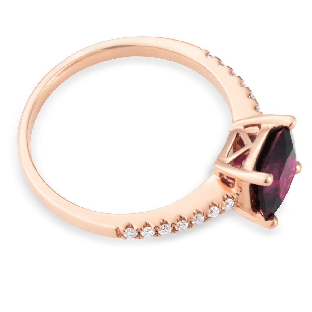 9ct Rose Gold 7mm Cushion Cut Rhodolite Garnet Ring with 0.11ct Diamonds - Elegant Jewelry for Women, Perfect for Engagement, Anniversary & Special Occasions