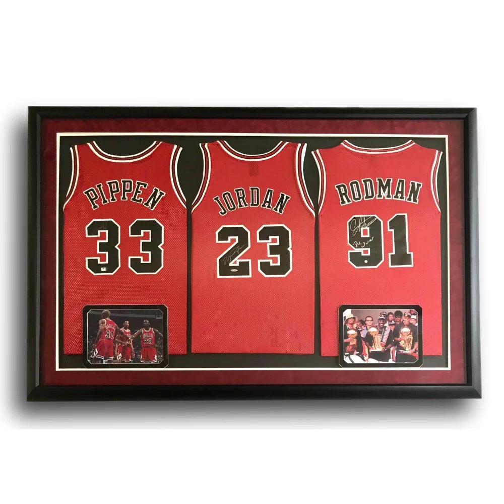 Authentic Michael Jordan Scottie Pippen Dennis Rodman Triple Signed Chicago Bulls Framed Jerseys - UDA & JSA Certified - Perfect for Sports Memorabilia Collectors & Man Cave Decor