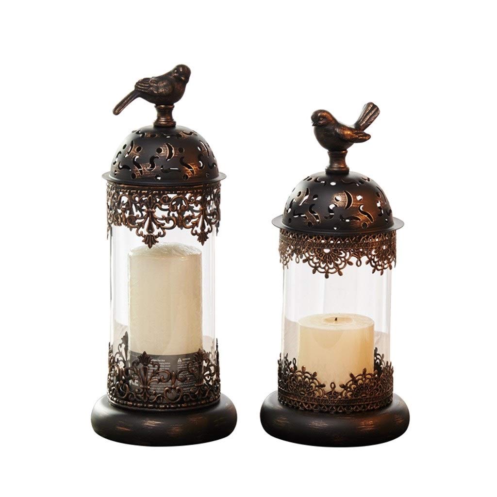 LICHUAN 2-Pack Vintage Iron Birdcage Candlestick Holders with Glass Candle Stand - Moroccan Style Hollow Lantern for Home Decor, Wedding Centerpiece, Romantic Dinner & Outdoor Party Lighting