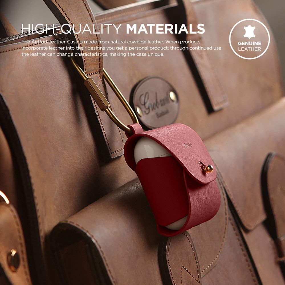 Premium Genuine Leather Case for AirPods 1 & 2 - Natural Cowhide Cover with Brass Ring Holder | Wireless Charging Compatible | Perfect for Travel, Work & Daily Use [Red]