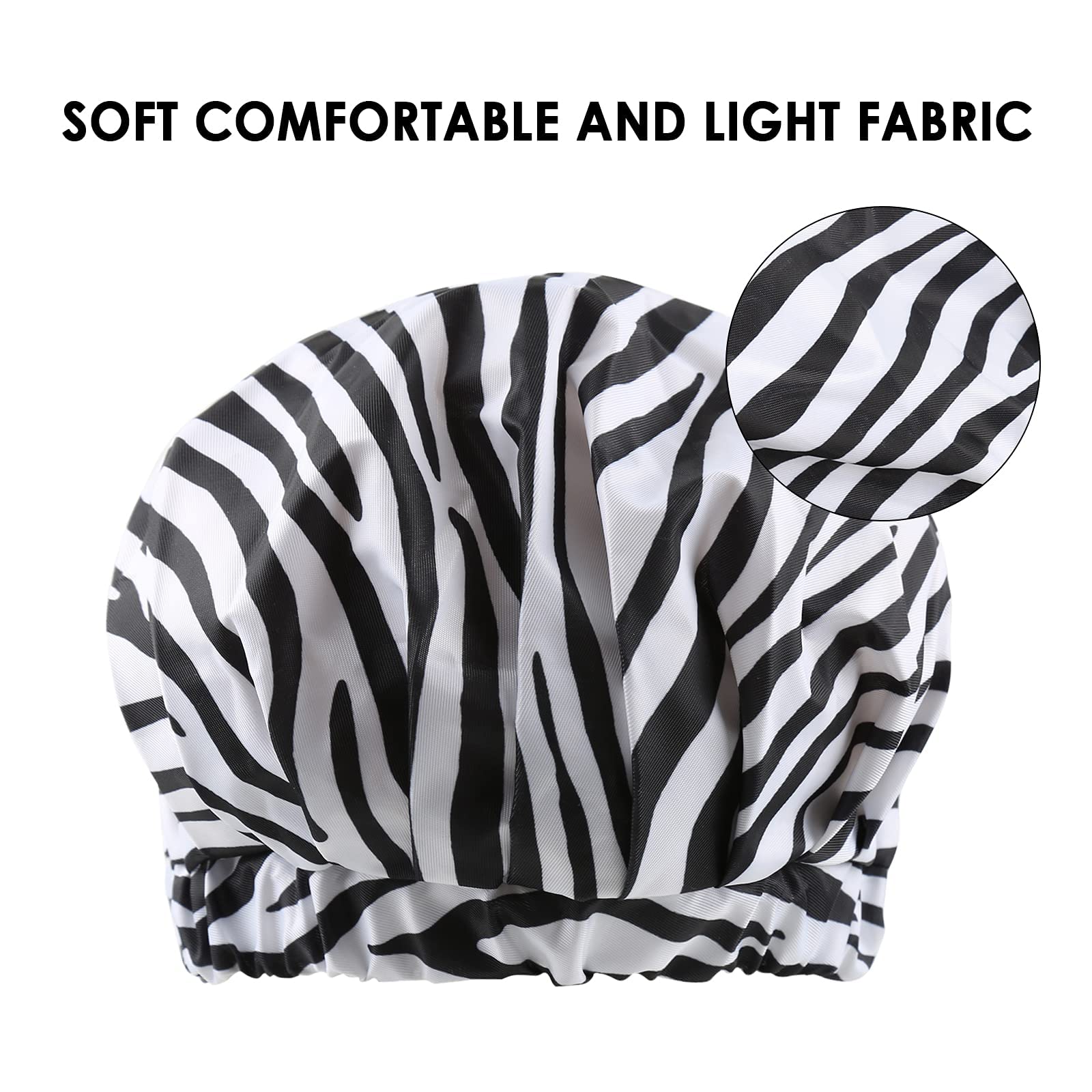 Waterproof Reusable Shower Cap for Women & Girls - Extra Large Hair Cover for Long Hair & Braids - Adjustable Bow Zebra Strip Design - Perfect for Bathing, Swimming & Hair Treatments