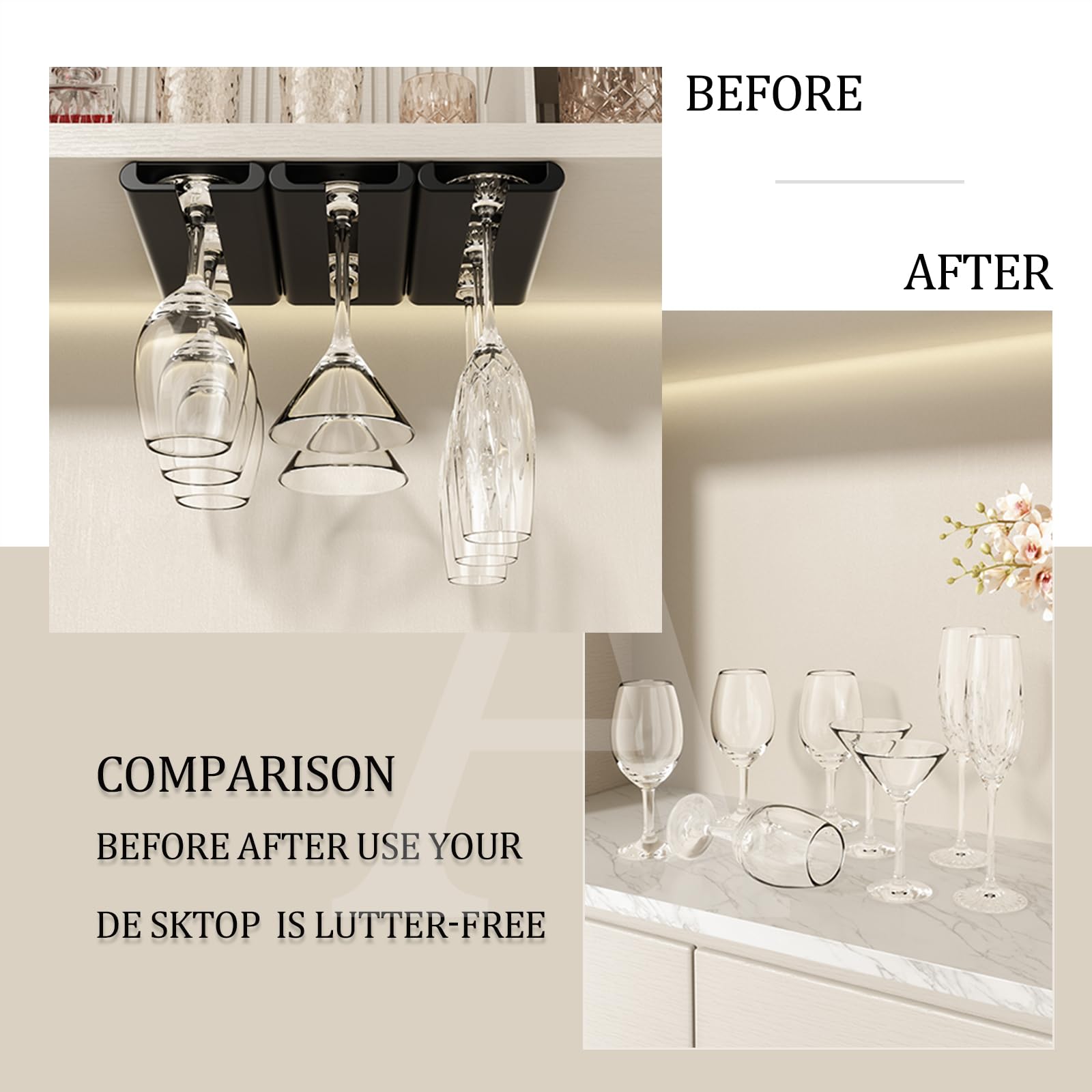 2-Pack Black Under Cabinet Stemware Rack - No Drill Wine Glass Holder for Kitchen & Bar Organization - Perfect for Hanging Wine Glasses, Champagne Flutes, and Cocktail Cups in Small Spaces