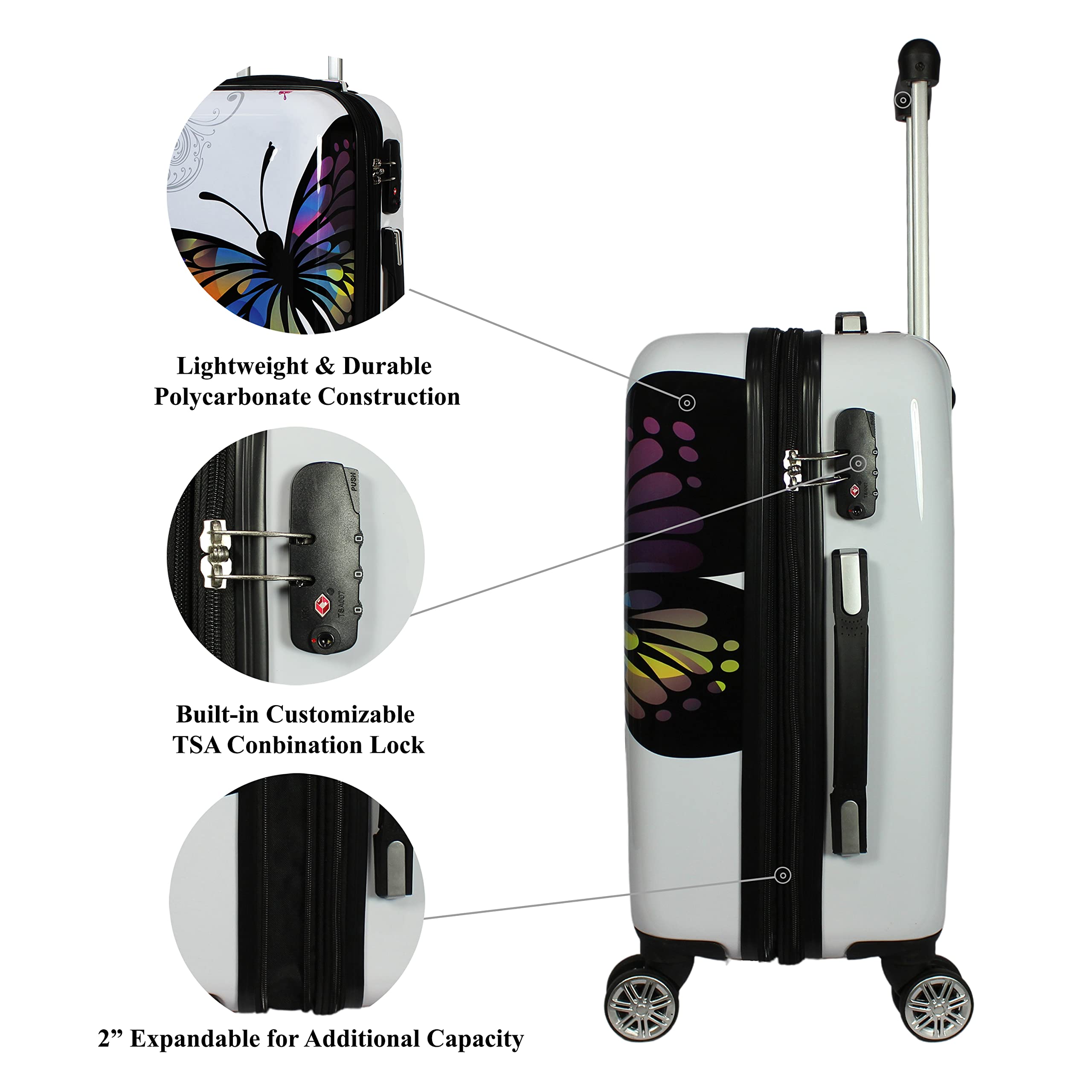 World Traveler Butterfly Luggage 4-Piece Set - Lightweight Spinner Suitcases with TSA Lock for Women & Teens - Perfect for Family Vacations, Business Trips & International Travel