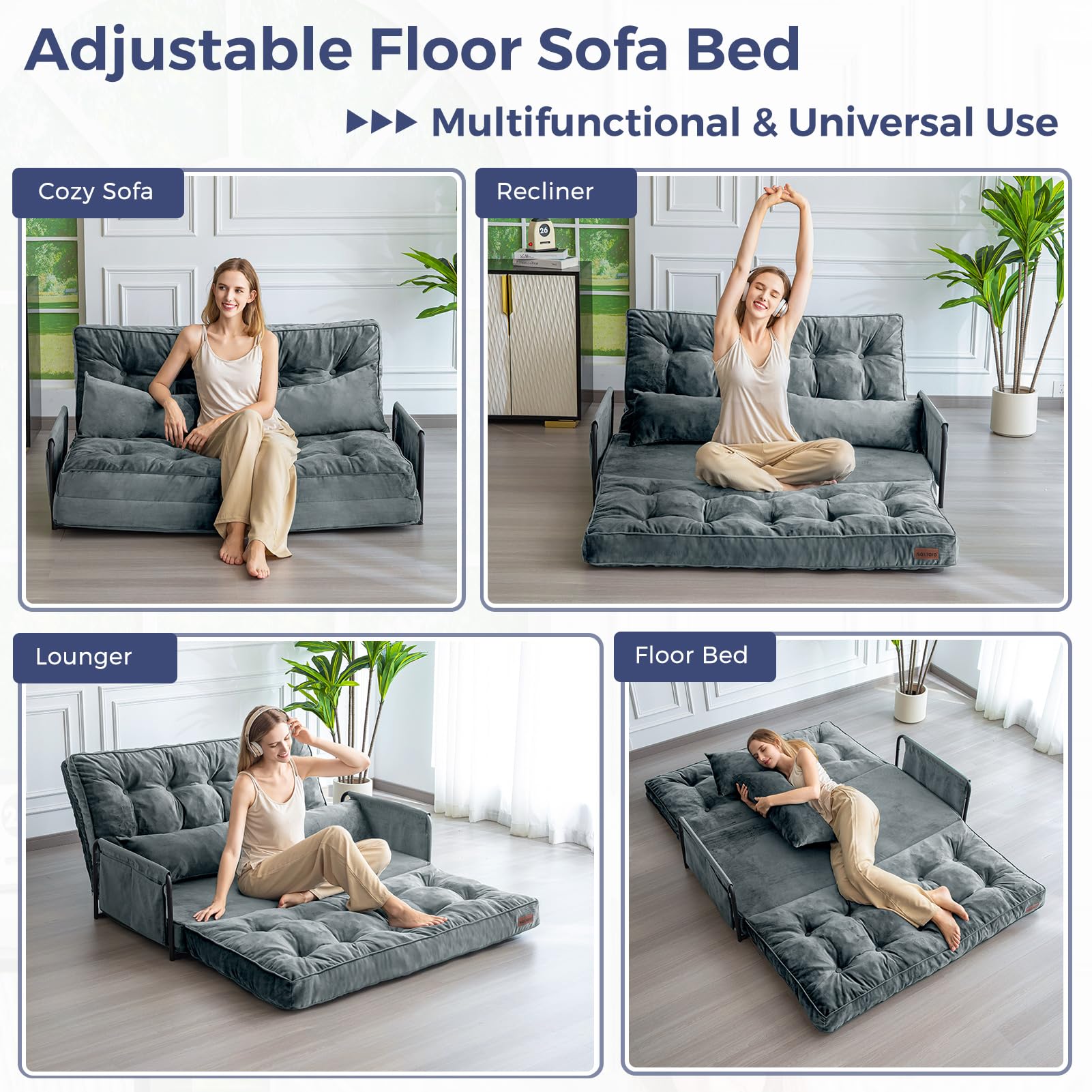 MAXYOYO Adjustable Floor Sofa Couch - Velvet Convertible Lazy Sofa Sleeper Bed with Pillows & Armrest, Double Size in Dark Grey | Perfect for Small Spaces, Living Rooms & Guest Beds