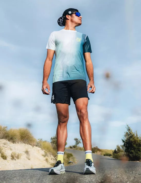 Compressport Men's Performance Short Sleeve Running Shirt - Moisture Wicking Athletic Top for Marathon & Training - Niagara Blue - Ideal for Jogging, Gym Workouts & Outdoor Sports