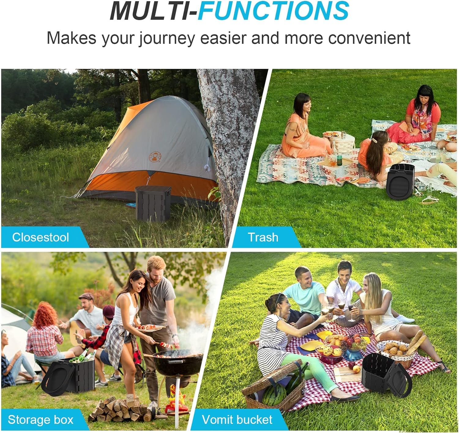 Portable Camping Toilet for Adults - Foldable Waterproof Travel Toilet for Outdoor, Hiking, RV, Boat & Beach - Compact Porta Potty for Camping, Car, Tent & Emergency Use (Black)