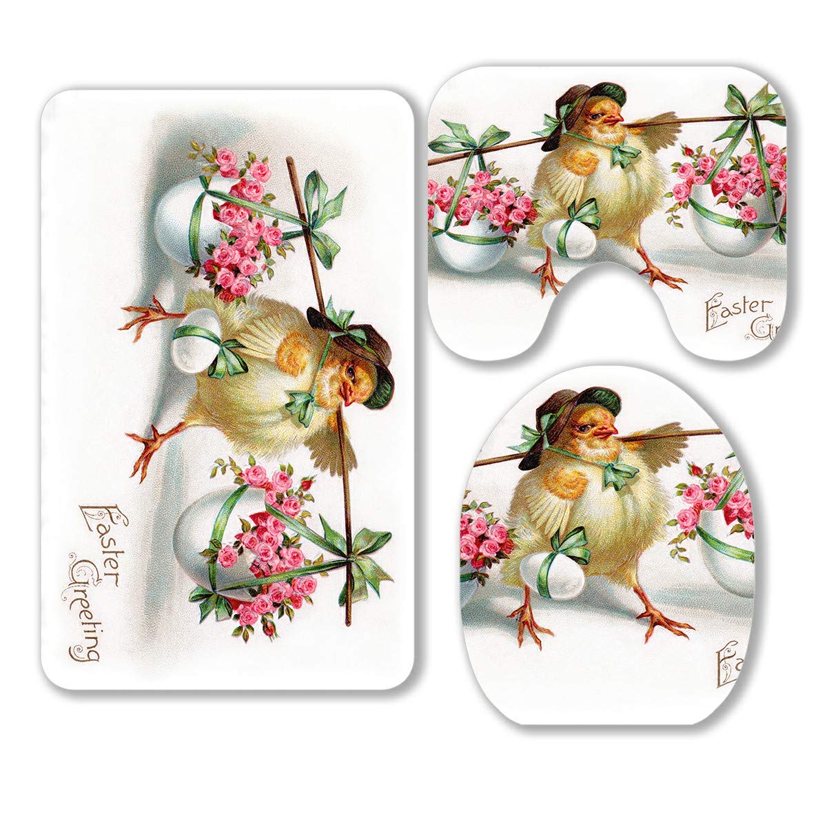Vintage Easter Greeting Card Inspired 3-Piece Bathroom Rug Set - Non-Slip Contour Mat & Toilet Lid Cover - Floral Design Circa 1910 - Perfect for Easter Decor, Vintage Bathroom Makeover & Holiday Gift Giving