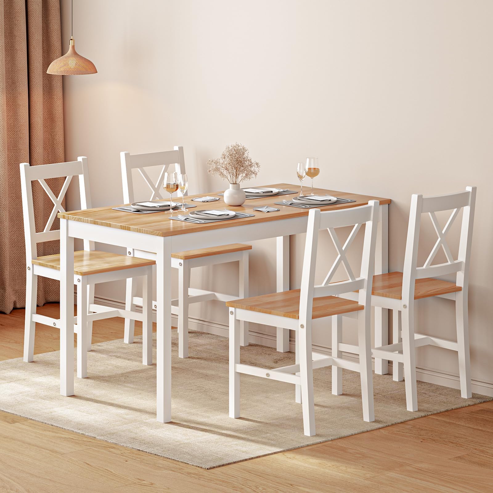 5-Piece Wooden Dining Table Set for 4 - SogesPower Kitchen Table with 4 Chairs, White & Oak Finish - Perfect for Small Spaces, Apartments, Restaurants & Cozy Dining Rooms