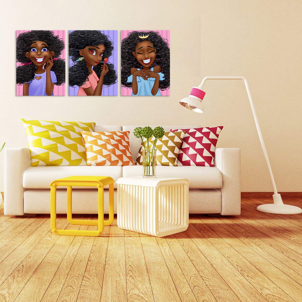 Black Girl Canvas Wall Art 3-Panel Set - Pink Afrocentric Paintings for Girls Bedroom, Kids Room & Nursery Decor - Hippie Wall Art for Living Room, Bathroom, Dorm - Ready to Hang (Perfect for Birthday Gifts, Baby Showers & Room Makeovers)
