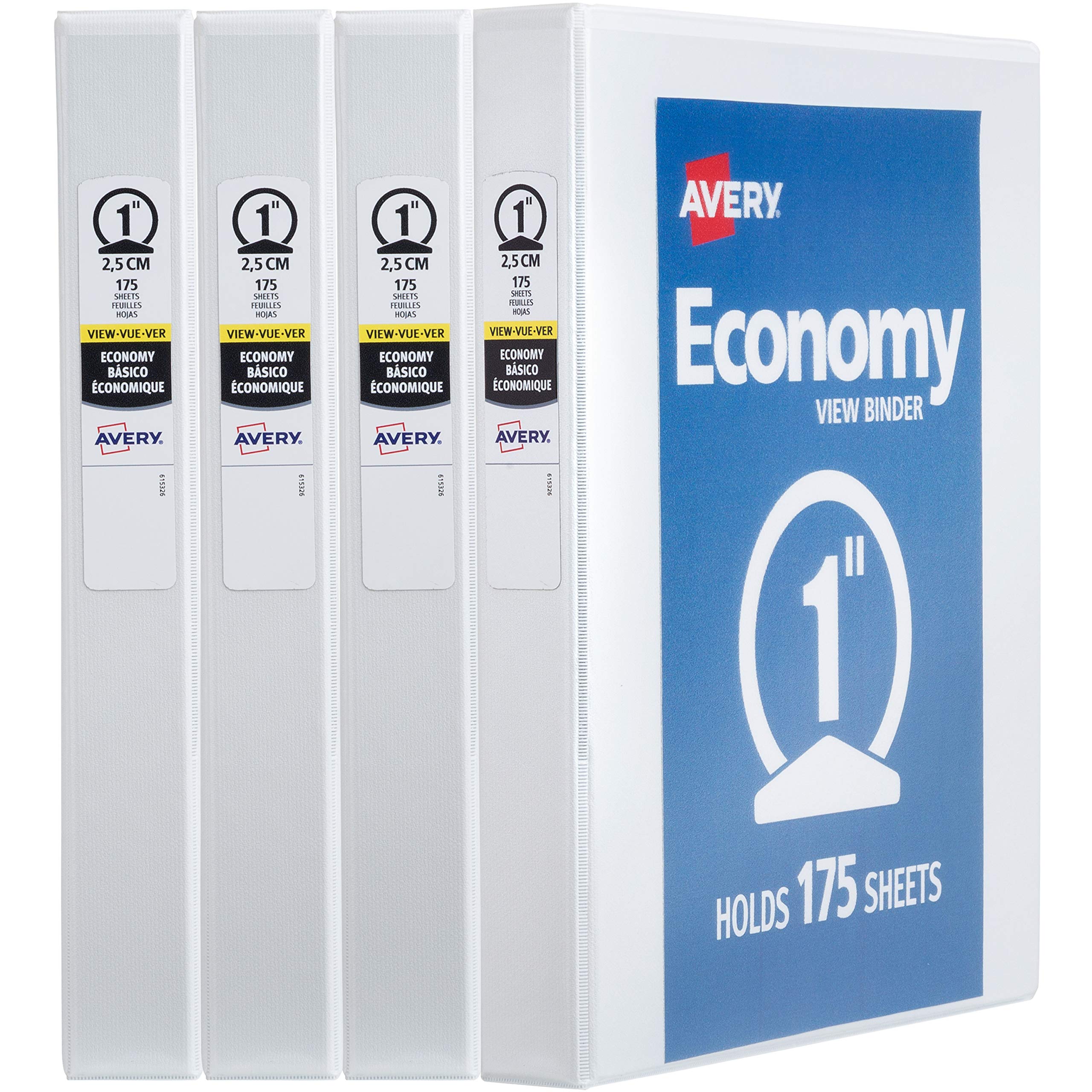 AVERY Economy View 3 Ring Binders - 1 Inch Round Rings, 4 Pack White Binders (05711) - Perfect for Homeschool Supplies, Office Organization & School Projects