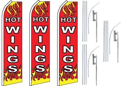 3 Swooper Flutter Feather Flags with 3 Poles & Ground Spikes - Hot Wings Flames Design in Red, White & Yellow | Perfect for Sports Events, Car Shows & Outdoor Advertising