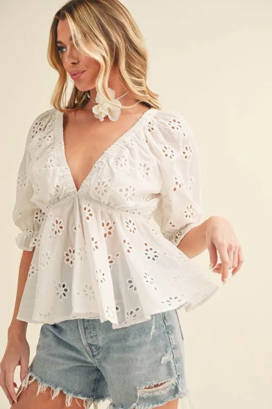Aemi + Co Eyelet Embroidered V Neck Peplum Blouse for Women - Floral Lace Summer Tops - Perfect for Office, Date Night & Special Occasions