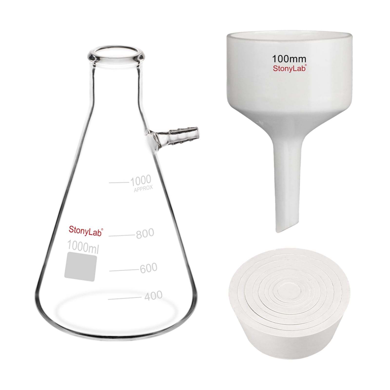 Stonylab Porcelain Buchner Funnel & 1L Heavy Duty Glass Filter Flask Set - 100mm Lab Filtration Kit with Adapter Cones for Chemistry Experiments, Vacuum Filtration & Scientific Separation