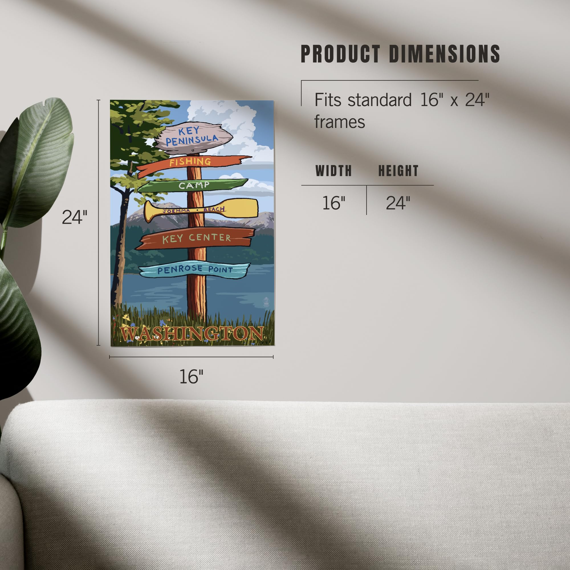 Lantern Press 16x24 Inch Giclee Print - Key Peninsula Washington Destination Signpost Wall Art | Coastal Decor for Living Room, Bedroom & Office