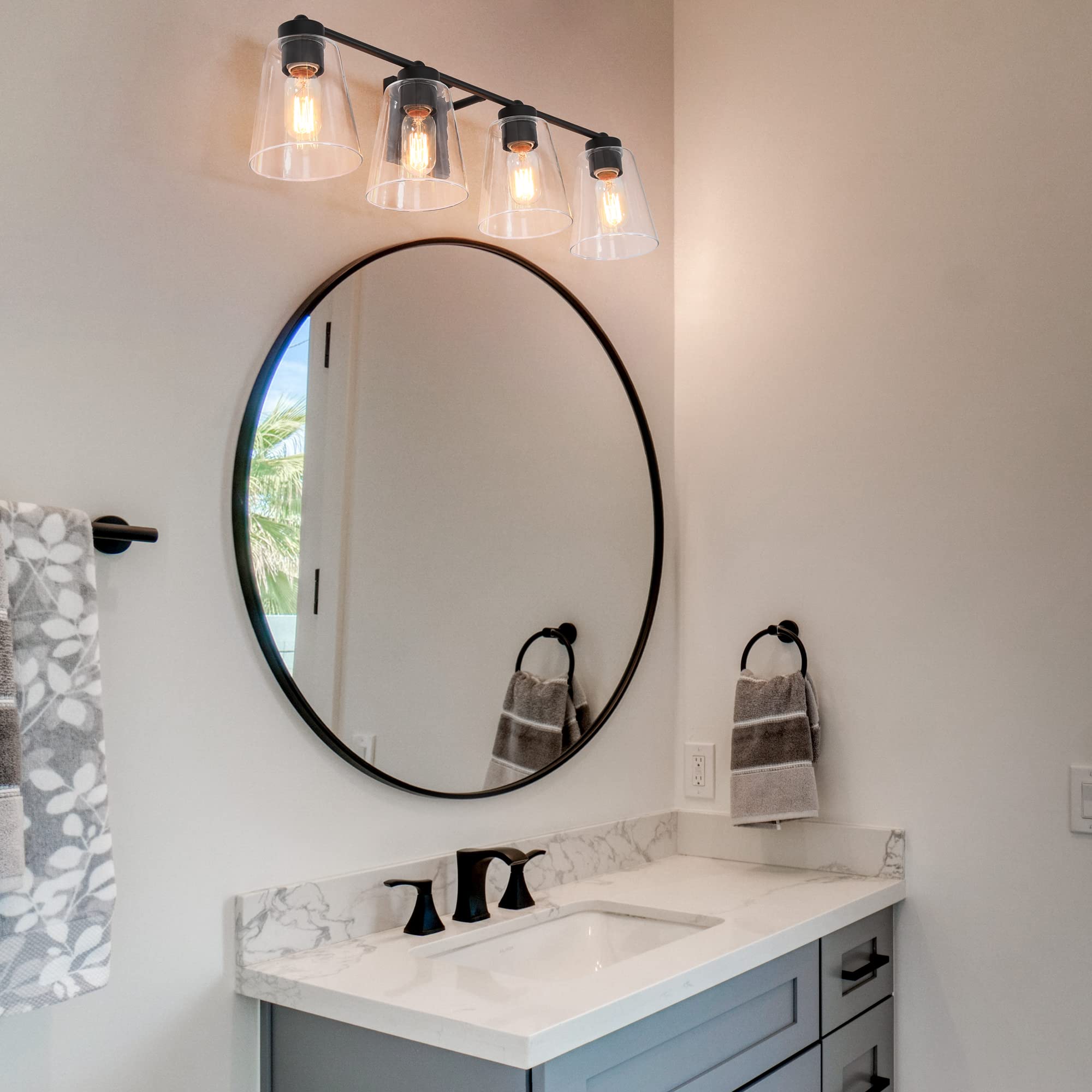 4-Light Black Farmhouse Bathroom Vanity Light Fixture - Extra Large Rustic Bathroom Lighting with Clear Glass Shade (29’’L × 6.5’’W × 8’’H) - Perfect for Modern Farmhouse, Rustic & Vintage Style Bathrooms