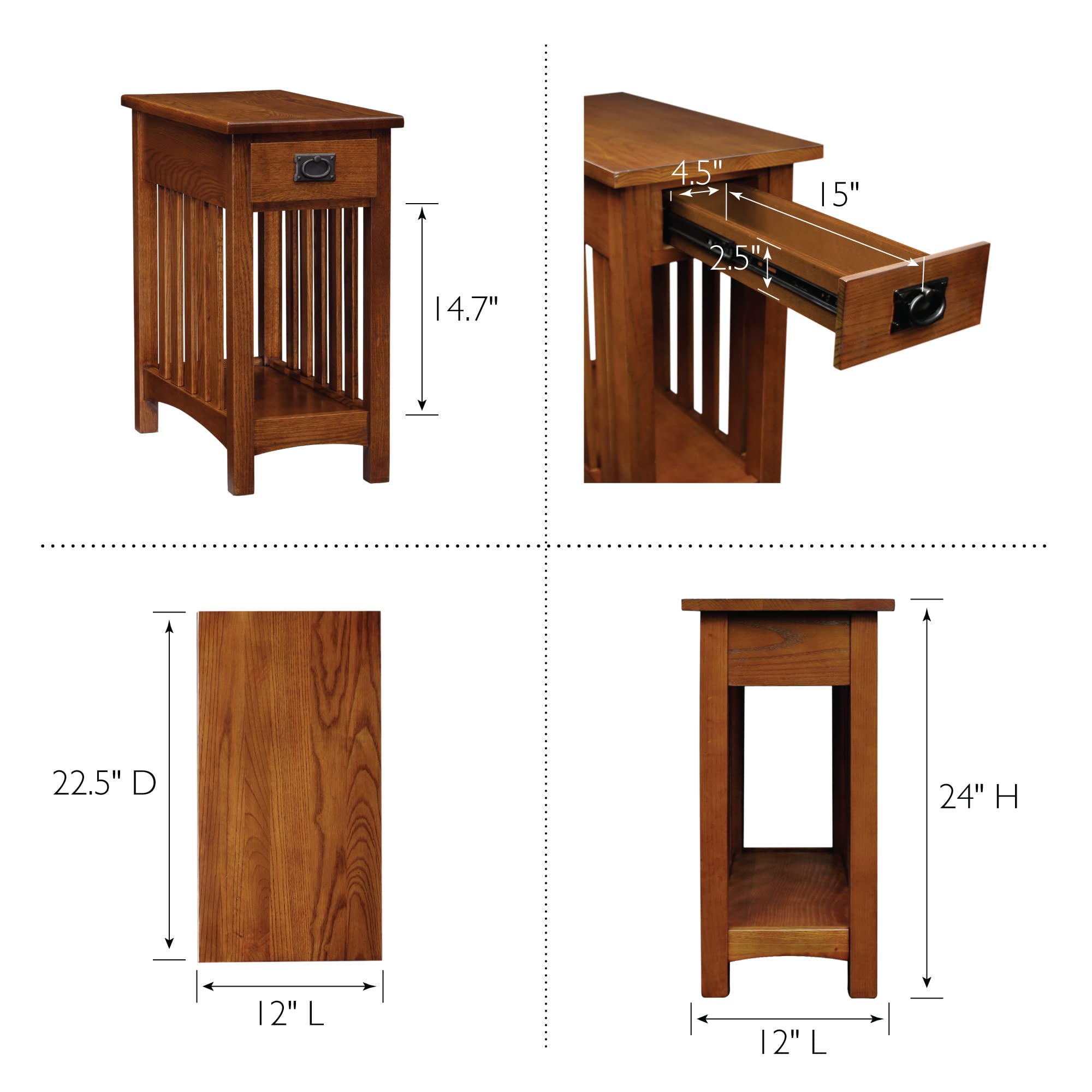 Leick Home 8202 Mission Impeccable End Table with Drawer - Solid Wood Narrow Side Table for Living Room & Bedroom - Medium Oak Finish - Perfect for Small Spaces & Home Decor