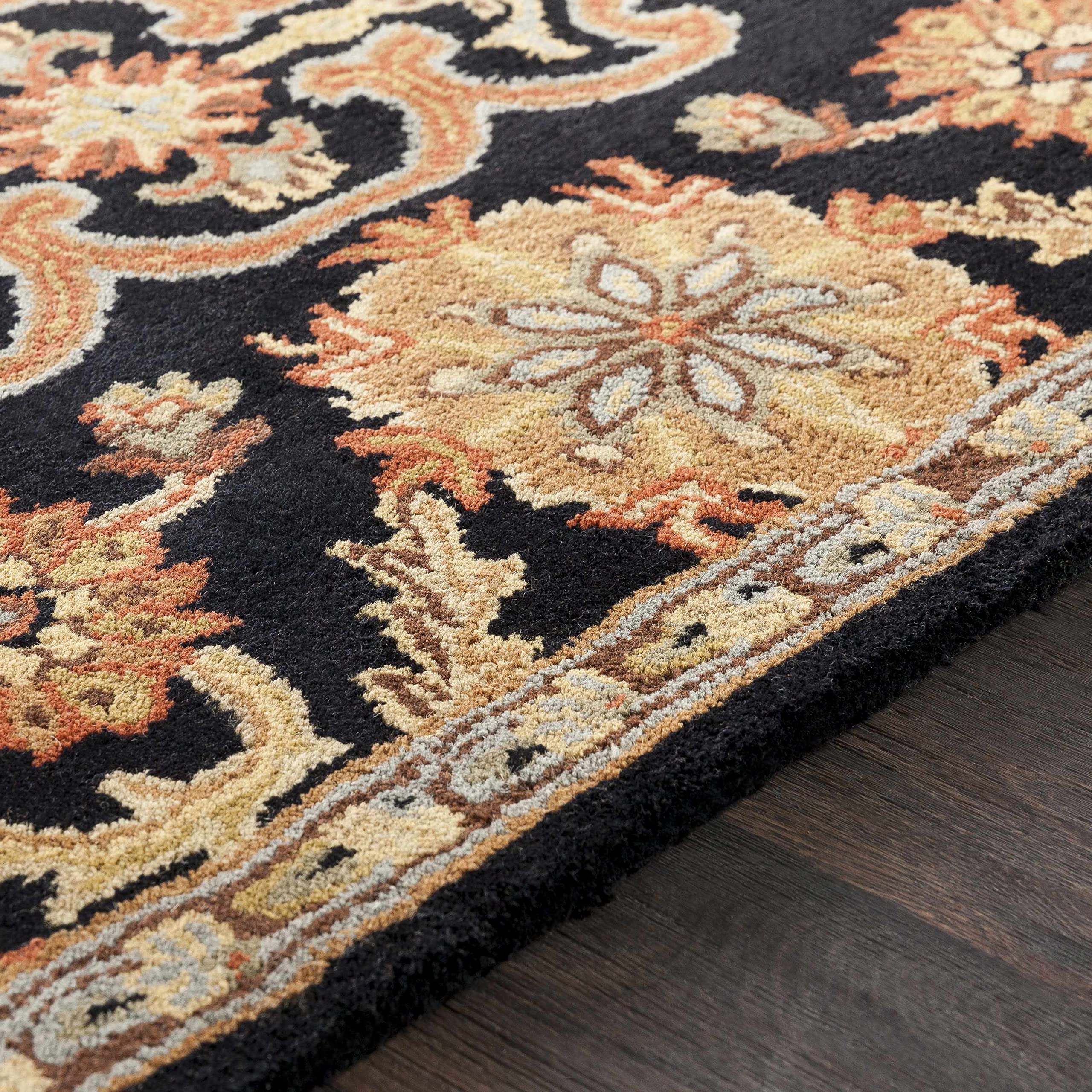 Hauteloom Salix Wool Area Rug for Living Room & Bedroom - Traditional Design in Black, Brown, Red - 6' Round - Soft & Durable Home Decor for Cozy Spaces