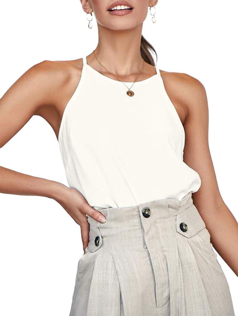 OYANUS Women's Sleeveless Halter Neck Summer Tops - Casual Loose Tunic Cami Tank Blouse for Beach, Vacation & Daily Wear (Off White, S)