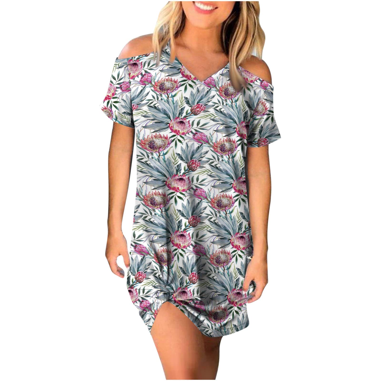Women's Floral Sundress - Casual Short Sleeve V-Neck Mini Dress with Sequins & High Waist | Perfect for Summer Vacation, Beach Outings, and Date Nights
