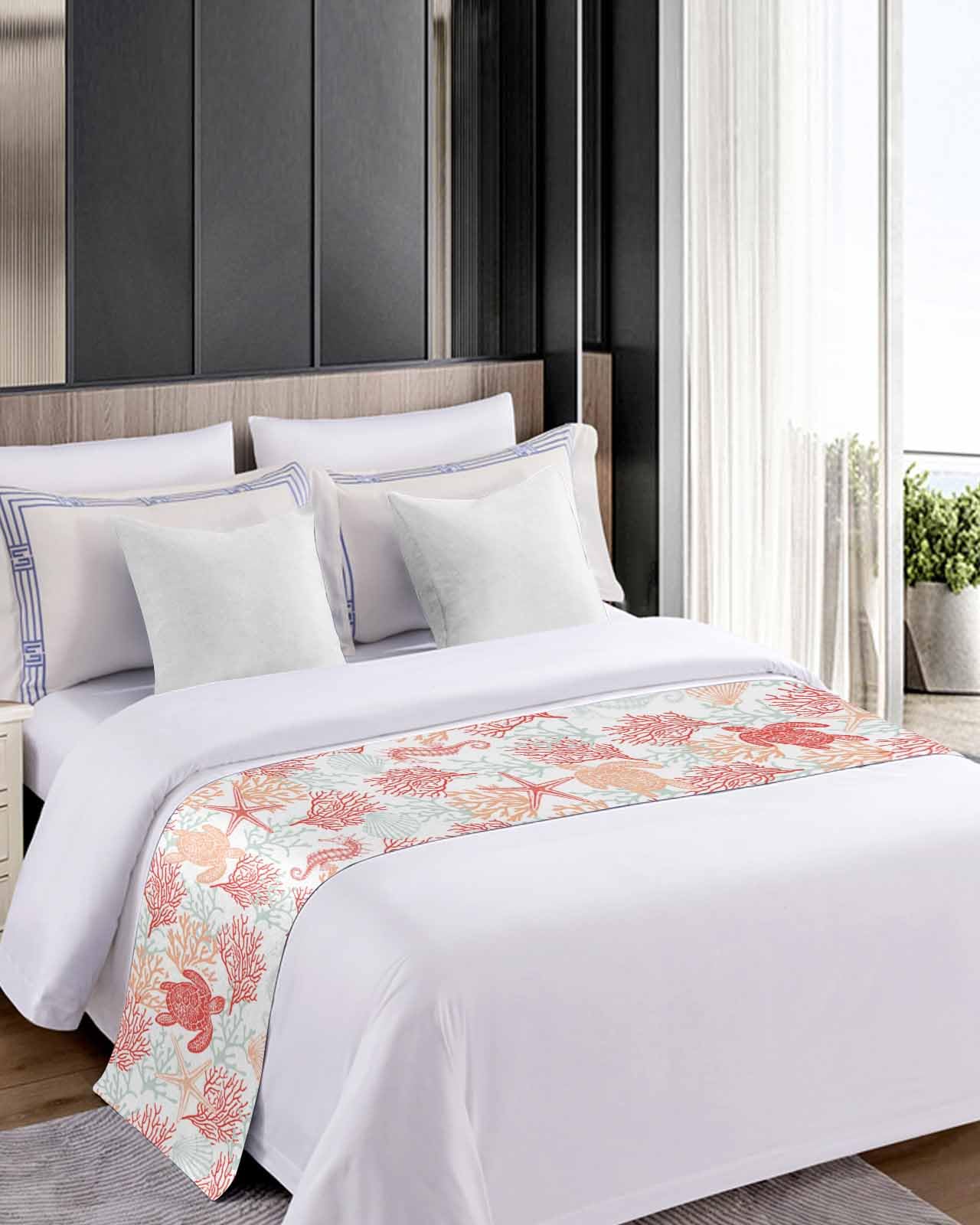 Red Orange Coastal Bed Runner for Full/Queen Bed - 83x20 Inch Nautical Coral Beach Bedspread Protector, Slipcover Bed Scarf for Foot of Bed - Perfect for Bedroom, Hotel & Wedding Decor - Sea Turtle Summer Beach Theme Home Accent