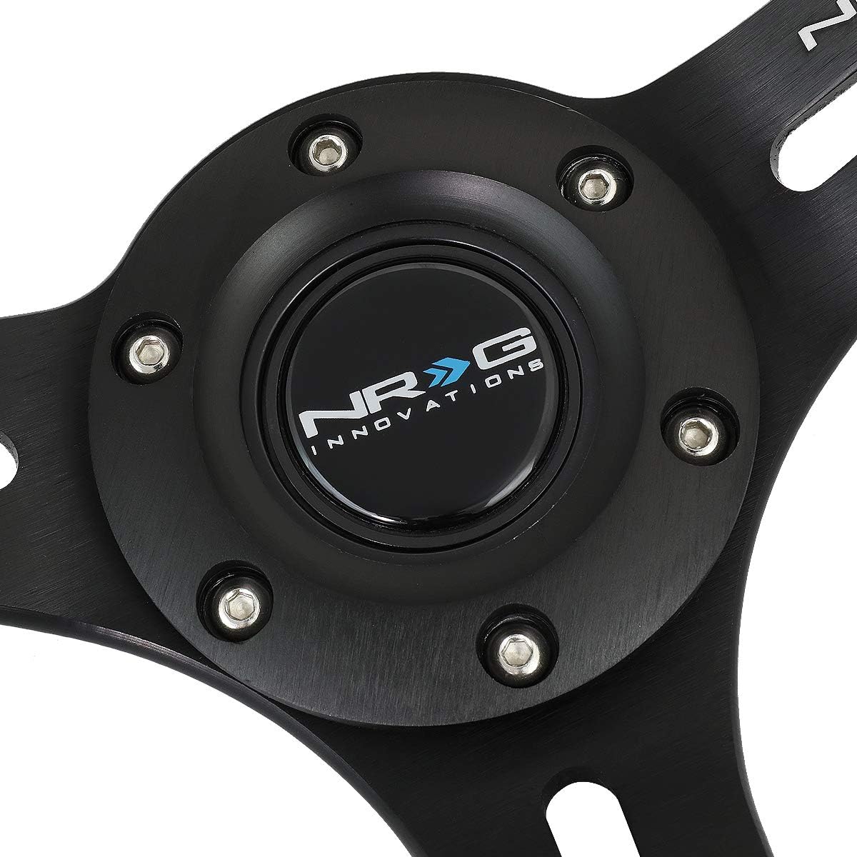NRG 3 Deep 5MM Spoke Black Leather Steering Wheel with Red Stitch - 350mm Diameter for Racing, Drifting & Car Enthusiasts - Perfect for Sports Cars & Custom Builds