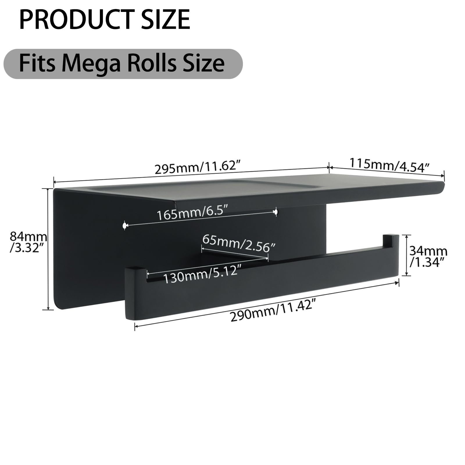 Stainless Steel Toilet Paper Holder with Shelf - SUS304 Bathroom Tissue Roll Dispenser, Wall Mount or Adhesive Installation, Matte Black - Perfect for Modern Bathrooms, Powder Rooms & RVs
