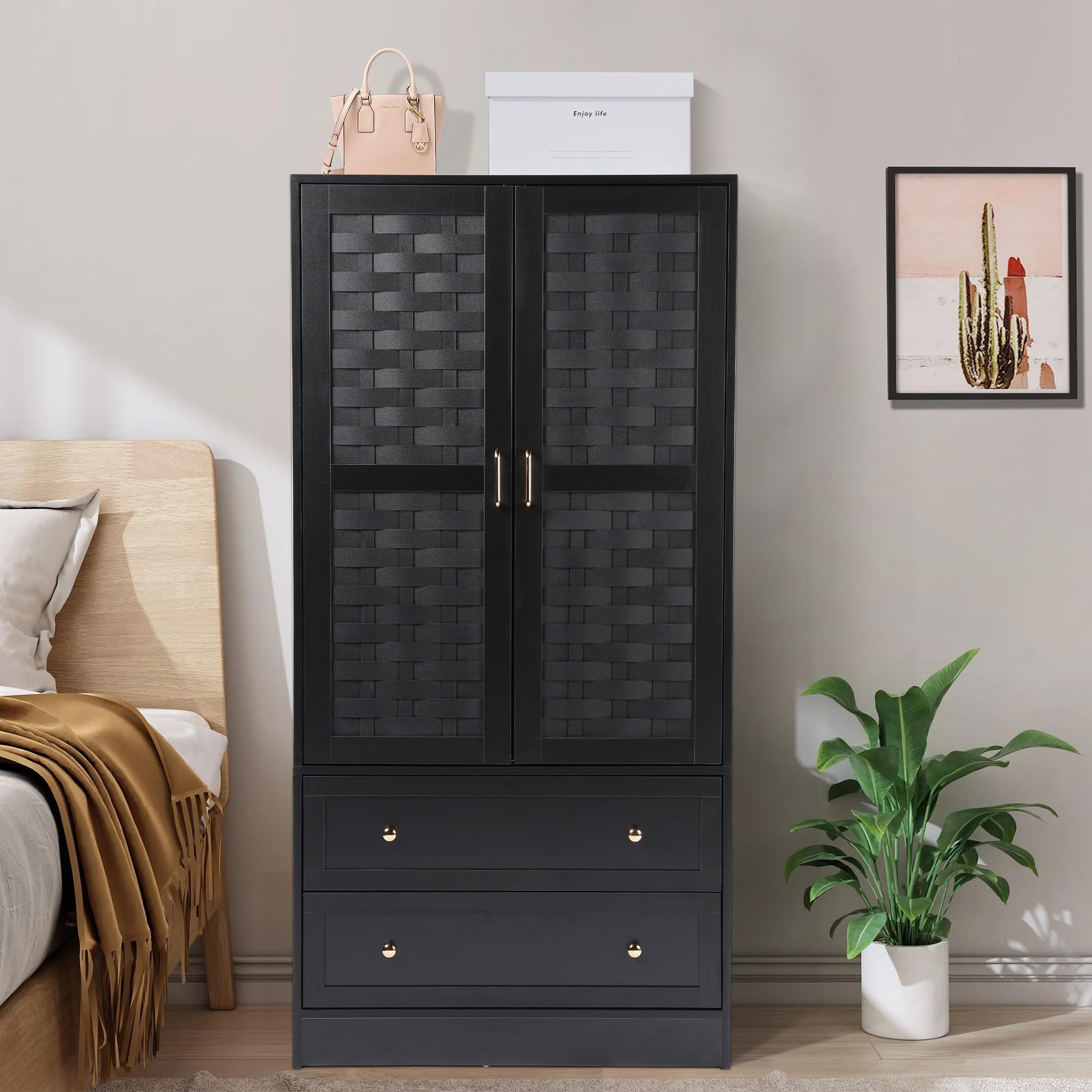 LEVNARY Wooden Armoire Wardrobe Closet - Freestanding Storage Cabinet with 2 Woven Doors, 2 Drawers & Hanging Rail for Bedroom Organization (Black) | Perfect for Small Spaces, Guest Rooms & Apartment Living