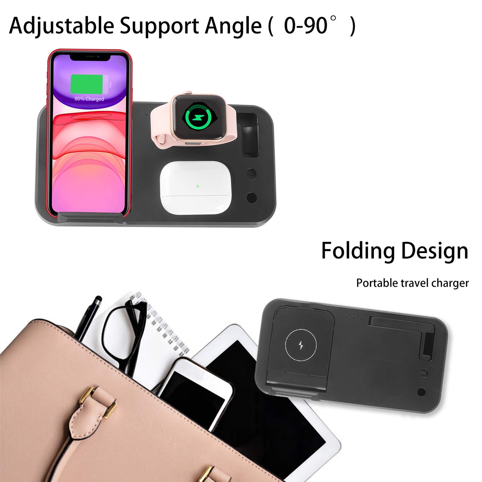 3-in-1 Fast Wireless Charging Station for iPhone 15/14/13/12, Samsung S23/S22/S21, AirPods Pro - Foldable Adjustable Stand with LED Indicator for Home, Office & Travel