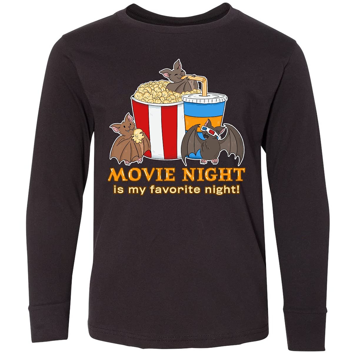 Inktastic Movie Night is My Favorite Night Bats Youth Long Sleeve T-Shirt - Fun Casual Wear for Teens, Movie Nights & Halloween Costumes