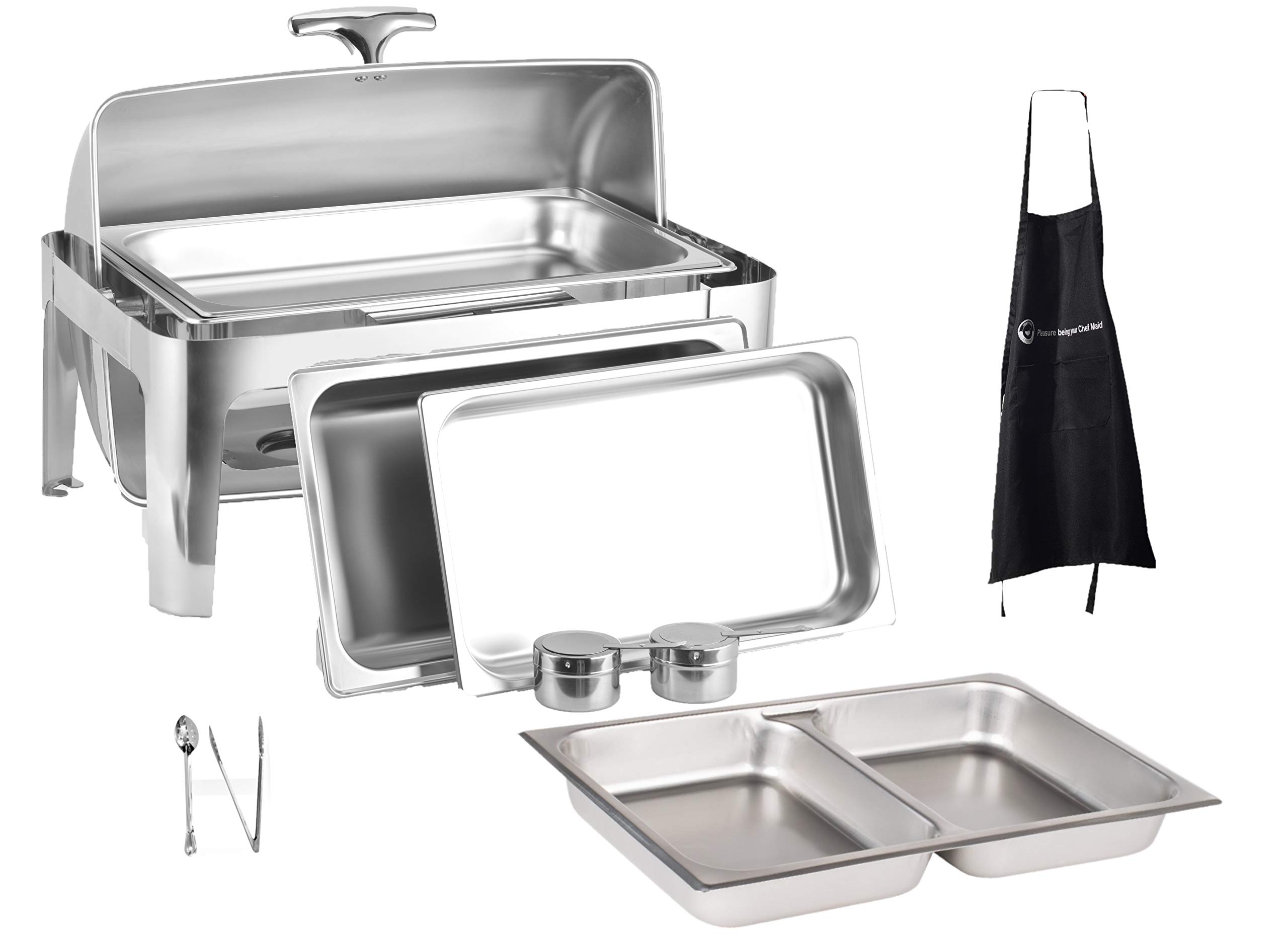 Premium 8qt Stainless Steel Roll Top Chafing Dish Set - Commercial Grade Buffet Catering Equipment with Fuel Holders, Lid & Apron - Includes 1 Full-Size Food/Water Pan, 1 Sectional Pan, 1 Tong & Serving Spoon - Perfect for Weddings, Banquets, Buffets & Catering Events