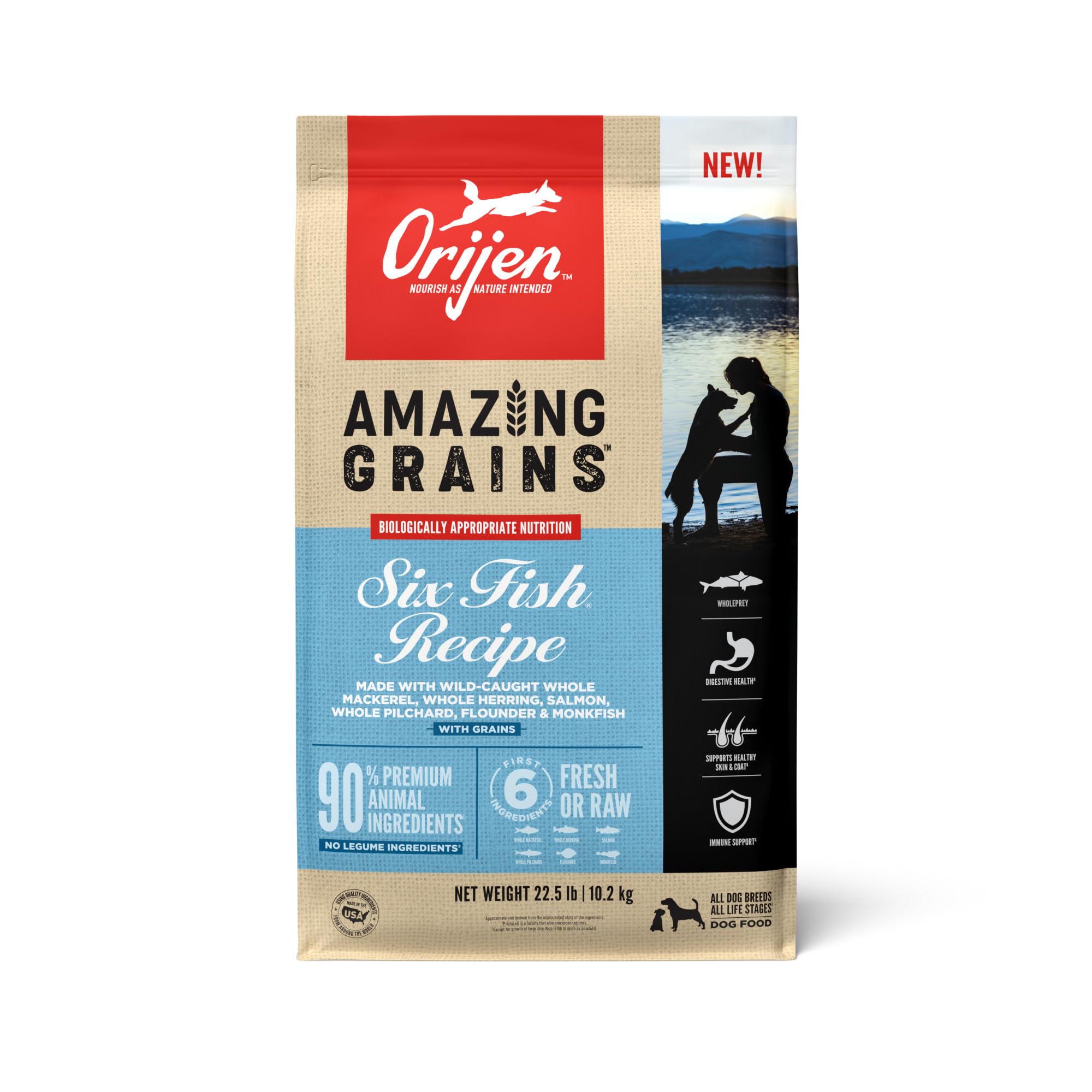 ORIJEN Amazing Grains Six Fish Recipe Dry Dog Food - High Protein Grain-Inclusive Kibble with Fresh & Raw Ingredients, 22.5lb Bag - Premium Nutrition for Active Dogs & Puppies