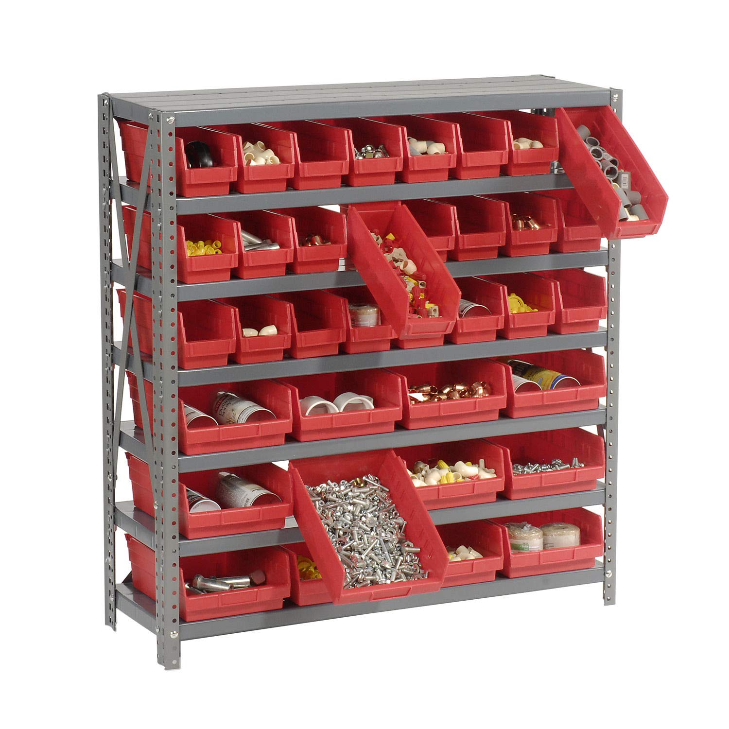 Heavy Duty 7-Tier Steel Shelving Unit with 36 Plastic Bins - 36