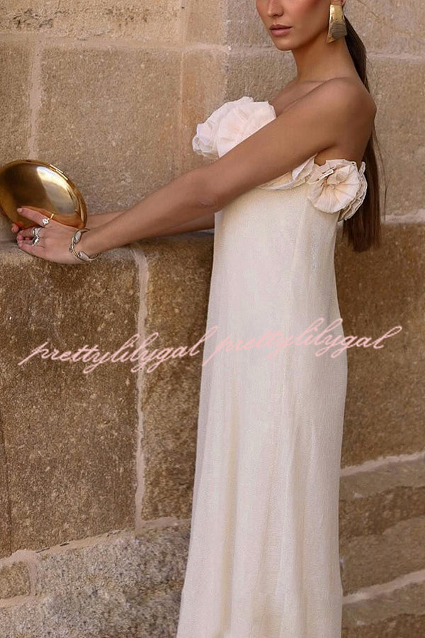 Blooming Chic Floral Applique Elastic Off-Shoulder Strapless Maxi Dress for Women - Perfect for Beach Vacations, Summer Parties & Boho Weddings