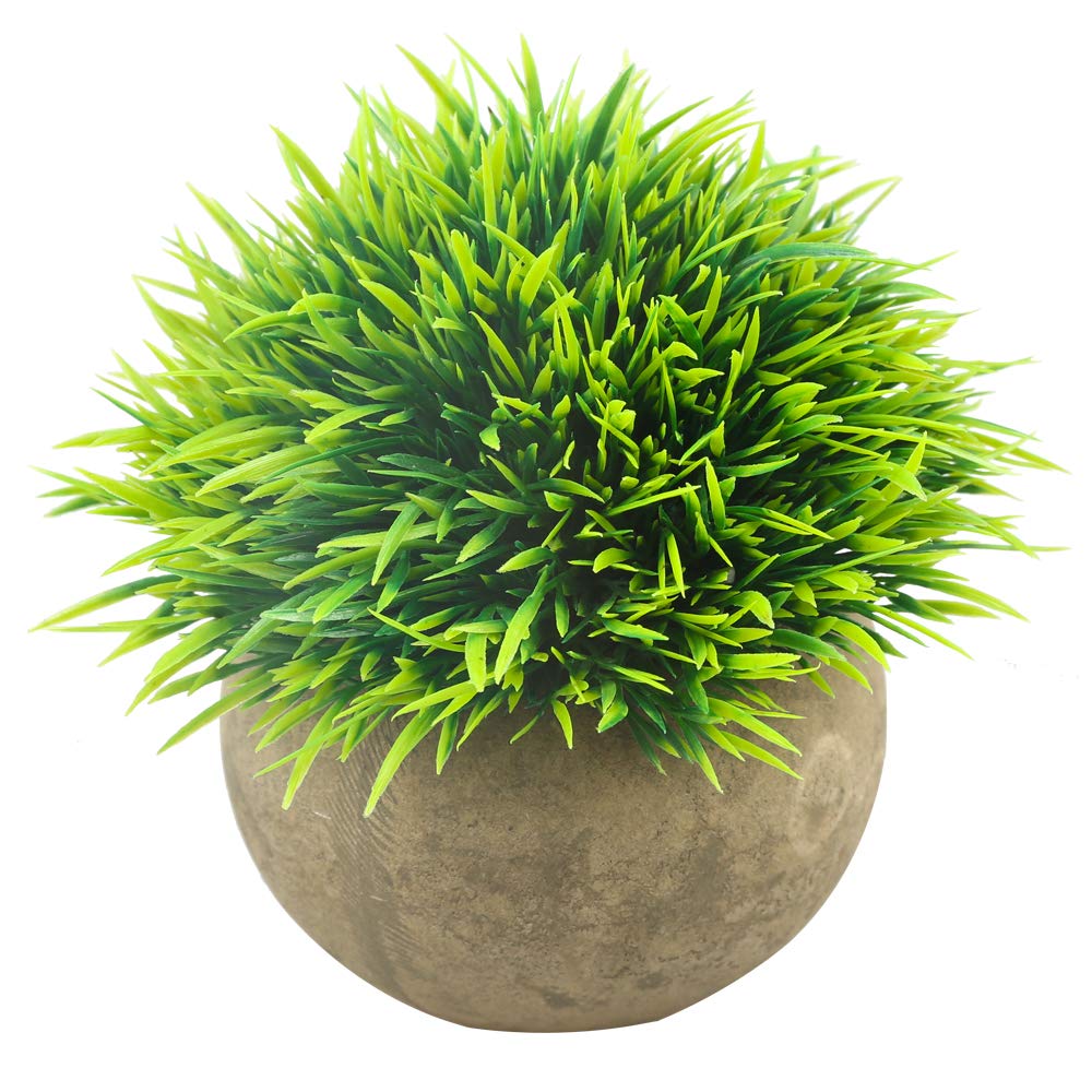 Mini Artificial Plants in Grey Pots - Fake Green Grass Faux Greenery Topiary Shrubs for Home Office & Bathroom Decor - Low Maintenance Houseplants for Desk, Shelf, and Indoor Decorations