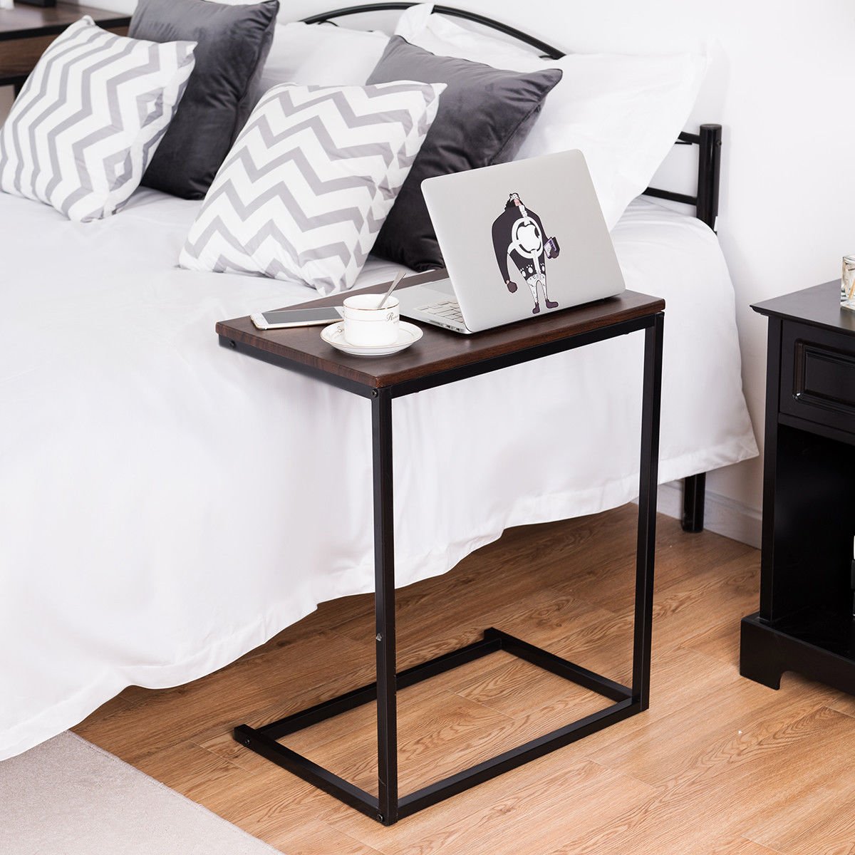 Tangkula Brown Sofa Side Table - Portable End Table with Laptop Holder, Coffee Tray & Workstation - Perfect for Living Room, Bedroom, Office & Small Spaces
