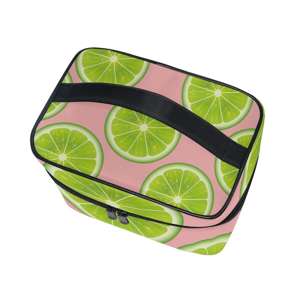 Green Fresh Lime Pattern Cosmetic Bag - Pink Background Travel Train Case, Portable Toiletry Organizer for Makeup & Storage | Perfect for Travel, Gym, and Daily Use