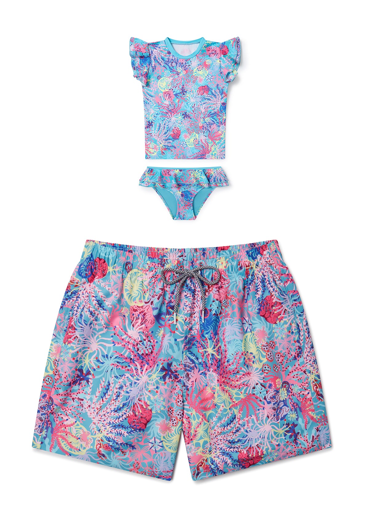 Coral Little Girls Rash Guard & Matching Father-Daughter Swim Set - UV Protection for Beach, Pool & Family Water Activities