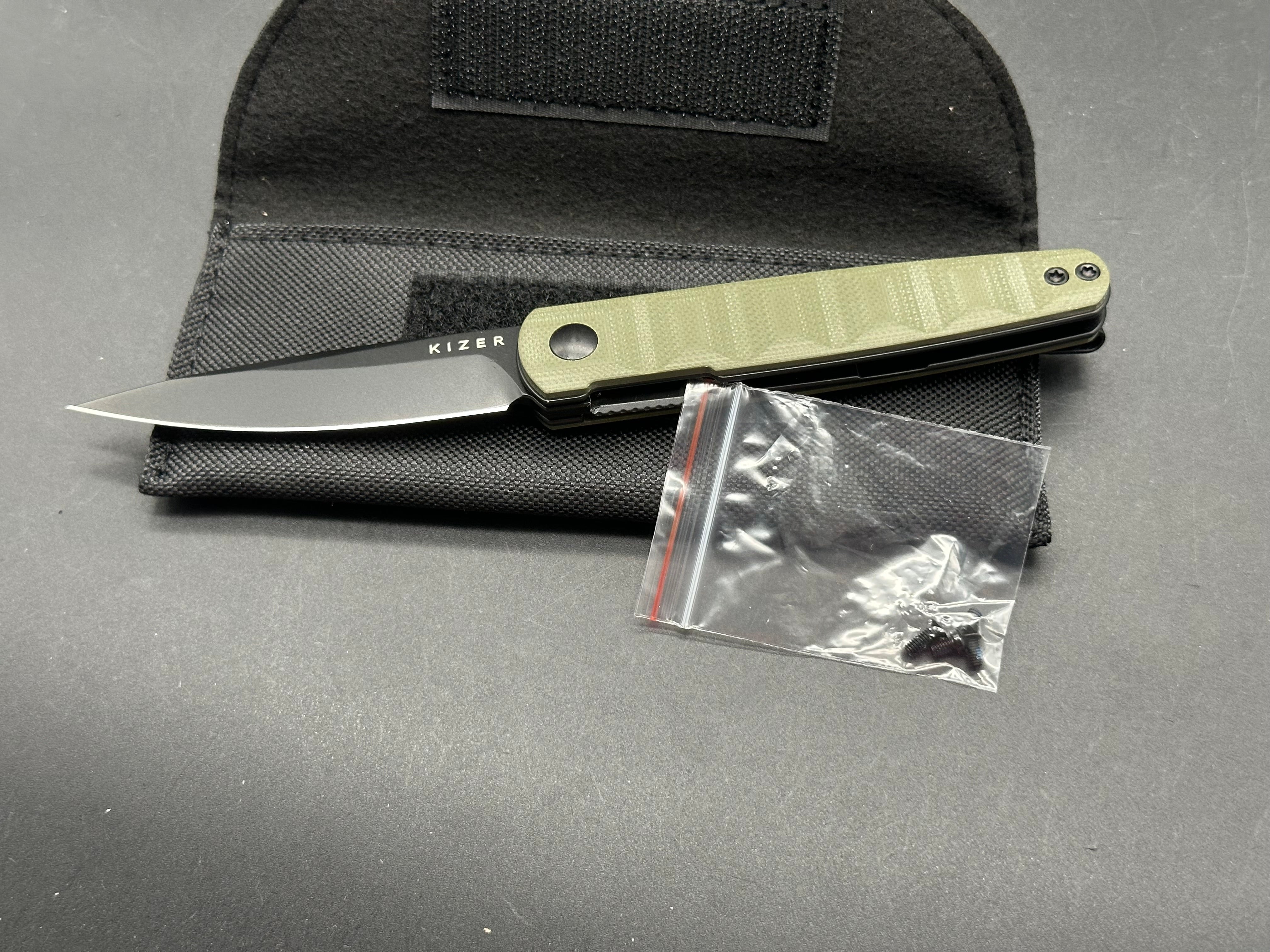 KIZER Bamboo Folding Knife - Olive Green G10 Handle, Nitro-V Steel Plain Edge Blade - EDC, Camping, Outdoor Survival Gear