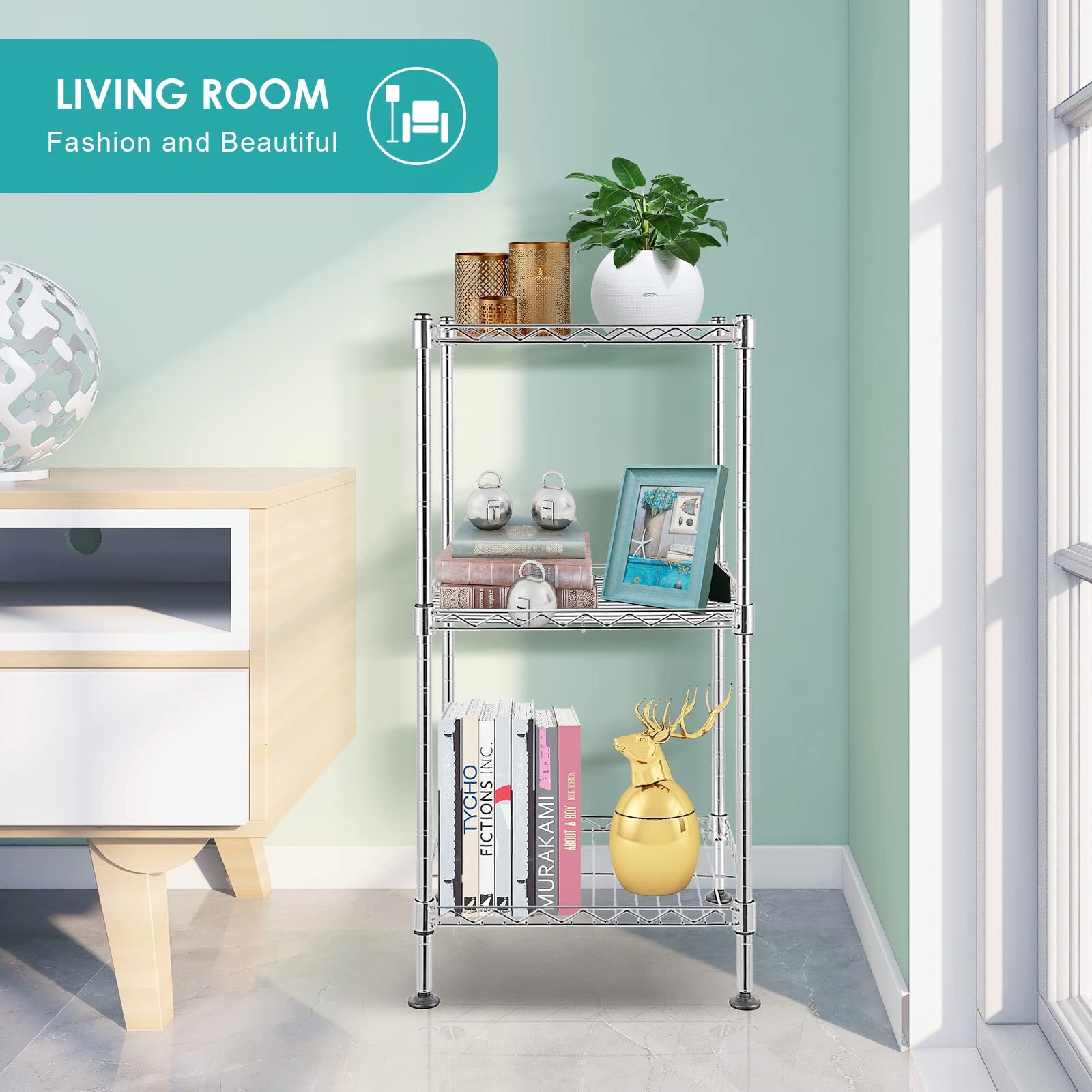BNSPLY 3-Tier Adjustable Metal Wire Shelving Unit - NSF Certified Heavy Duty Storage Rack with Leveling Feet for Laundry Room, Bathroom, Kitchen, Pantry & Closet Organization - Chrome Finish for Home & Office Use