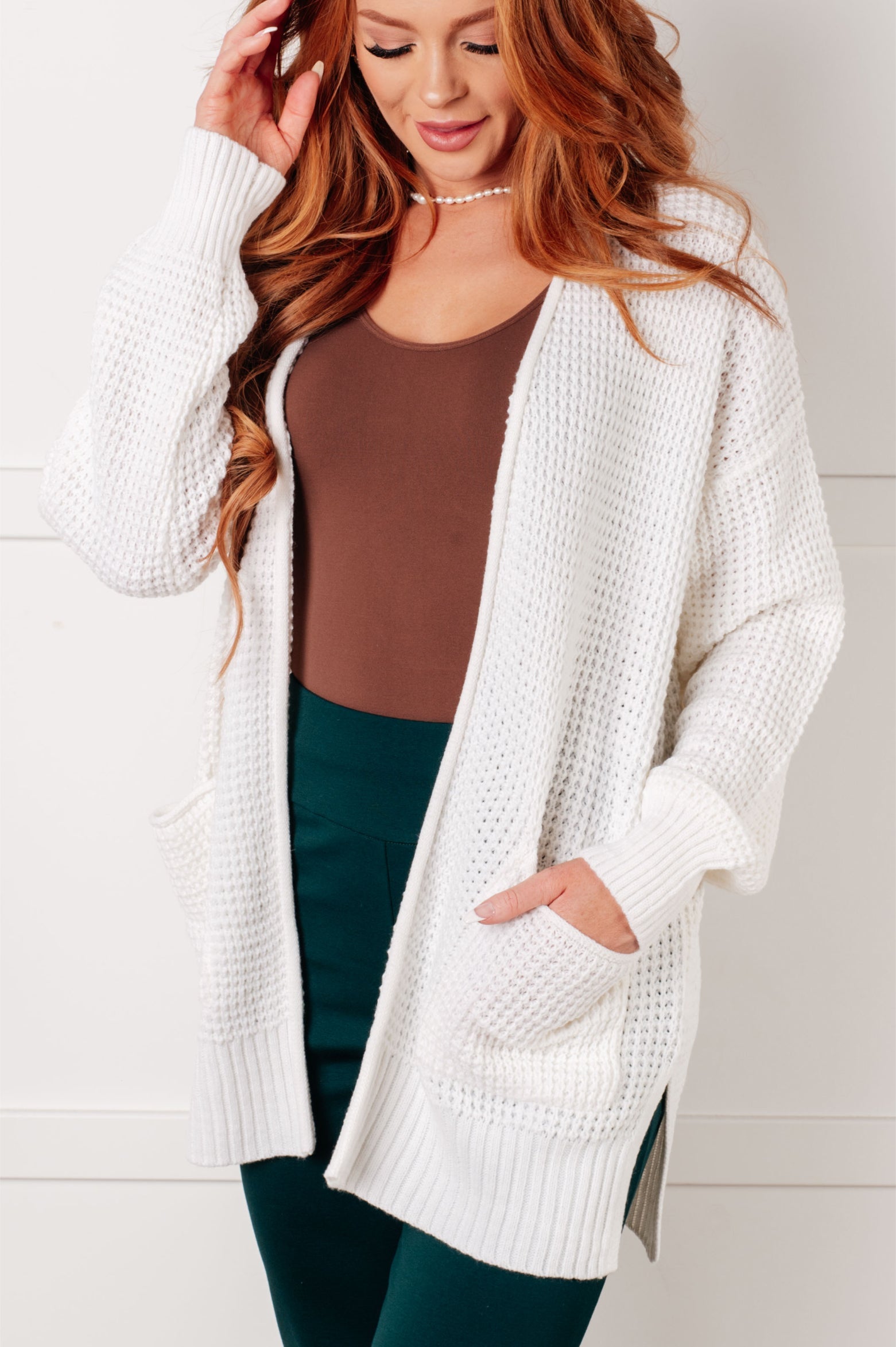 Ivory Waffle Knit Open Front Cardigan for Women - Cozy Layered Sweater for Fall & Winter - Perfect for Casual Outfits, Office Wear, and Lounging at Home