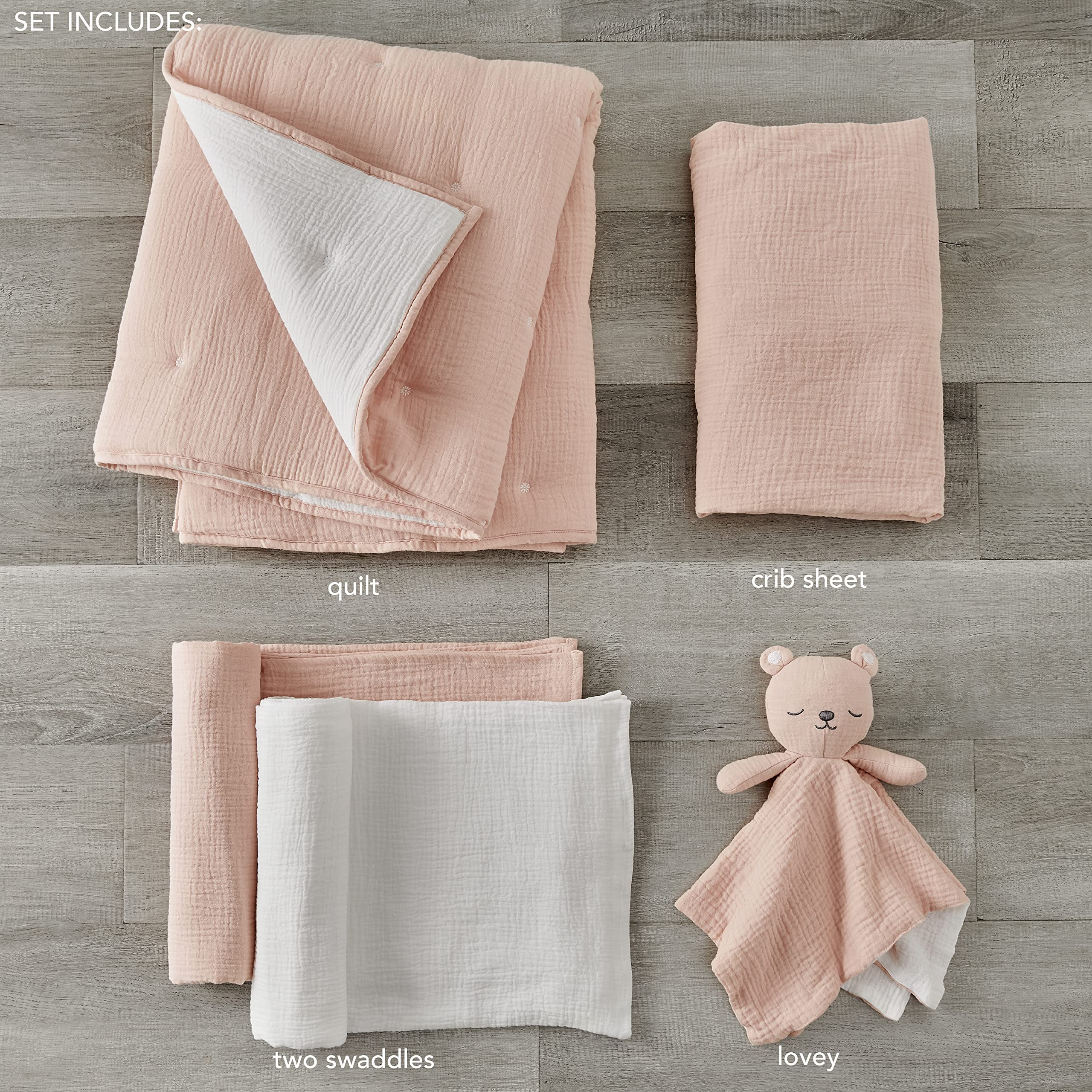 Levtex Baby Cloud Muslin Crib Bed Set - 5 Piece Nursery Set with Quilt, Fitted Sheet, Swaddles & Bear Lovey - Soft Pink and White Floral Design for Baby Girls - Perfect for Nursery Decor, Newborn Gifts & Baby Showers