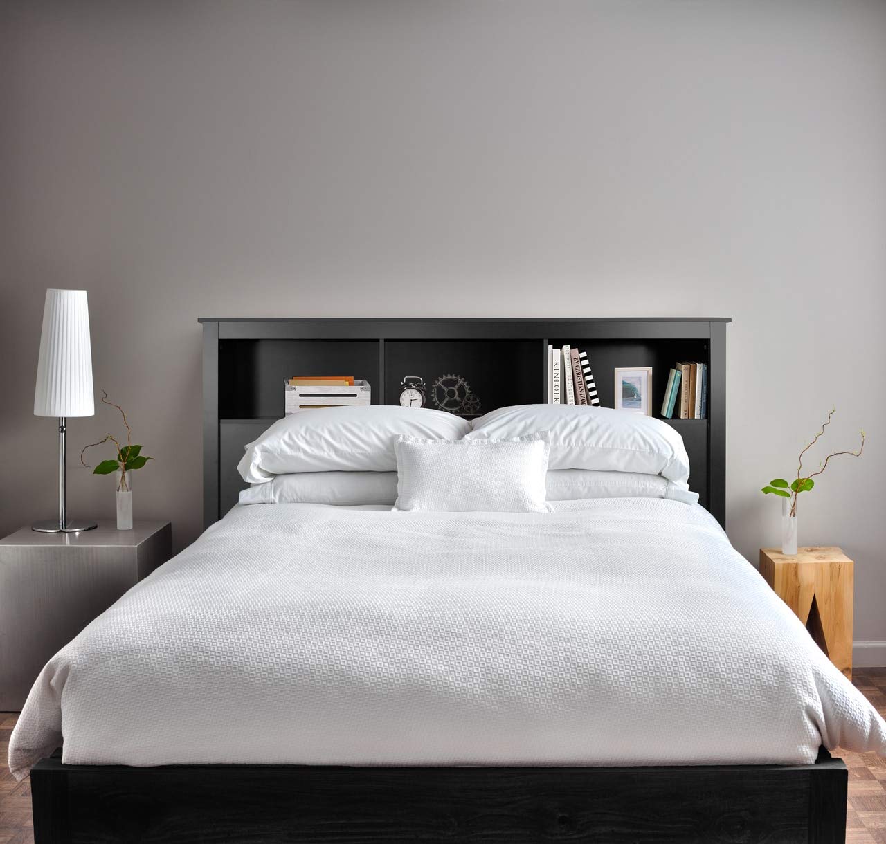 CAPHAUS Wood Bookcase Headboard with Storage - Queen Size, Solid Black - Space-Saving Bedroom Organizer for Books, Decor & Essentials - Perfect for Small Spaces & Modern Bedrooms